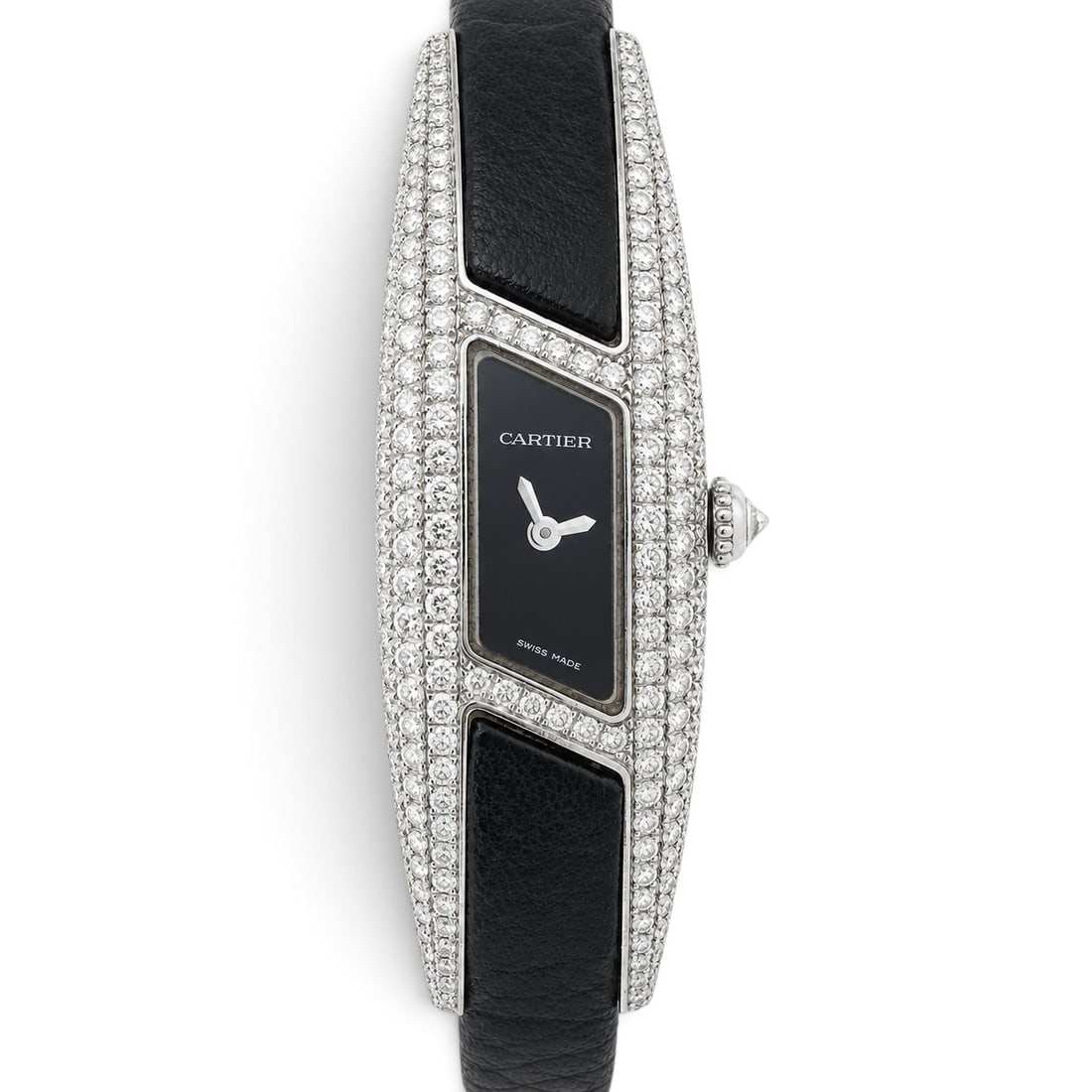 Cartier "Himalia" 18K Gold & Diamond Ladies Watch: Cartier "Himalia" 18K Gold & Diamond Ladies Watch 2000s, Swiss Cartier Himalia 18K white gold quartz ladies watch with pavé diamond-set case and buckle, black dial and black Cartier leather strap,. S