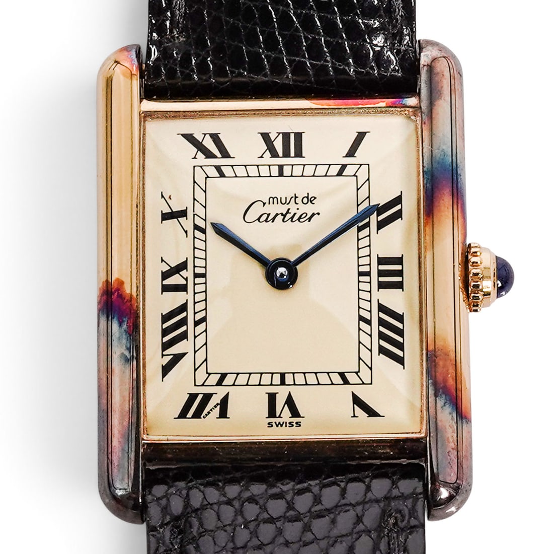 Cartier" Must de Cartier" Tank Vermeil Quartz Watch REF 590005: Cartier" Must de Cartier" Tank Vermeil Quartz Watch REF 590005 Circa 1990s, Swiss/French Must de Cartier Tank quartz wristwatch with rectangular vermeil case, cream Roman numeral dial, blued sword han