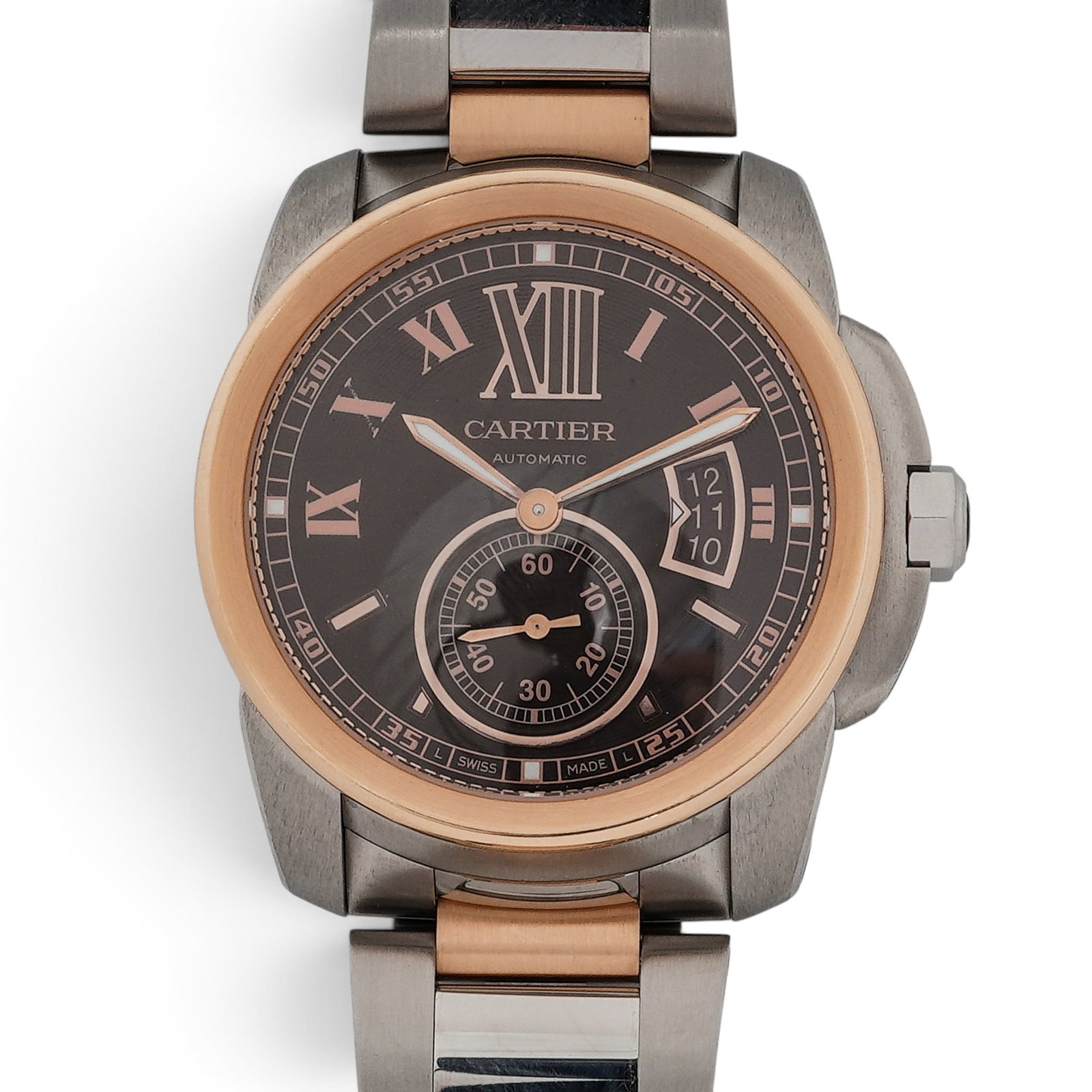 Cartier "Calibre de Cartier" Two-Tone Automatic Watch REF 3389: Cartier "Calibre de Cartier" Two-Tone Automatic Watch REF 3389 2010s, Swiss Cartier Calibre de Cartier reference 3389 two-tone stainless steel automatic wristwatch with black dial, rose-tone Roman