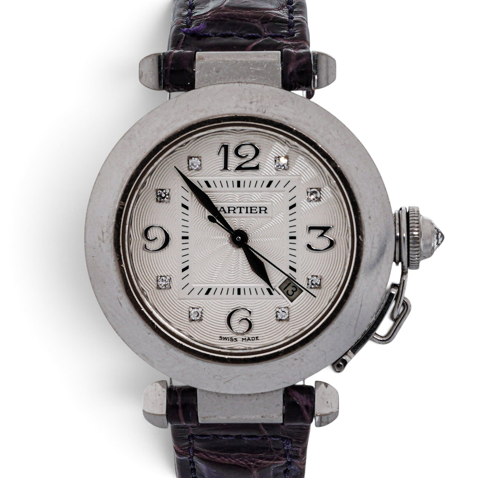 Cartier "Pasha de Cartier" 18k Gold Diamond Dial Watch REF 2598: Cartier "Pasha de Cartier" 18k Gold Diamond Dial Watch REF 2598 2000s, Swiss Cartier Pasha de Cartier Ref. 2598 automatic wristwatch in 18K white gold with round case, silver guilloche dial, applied A