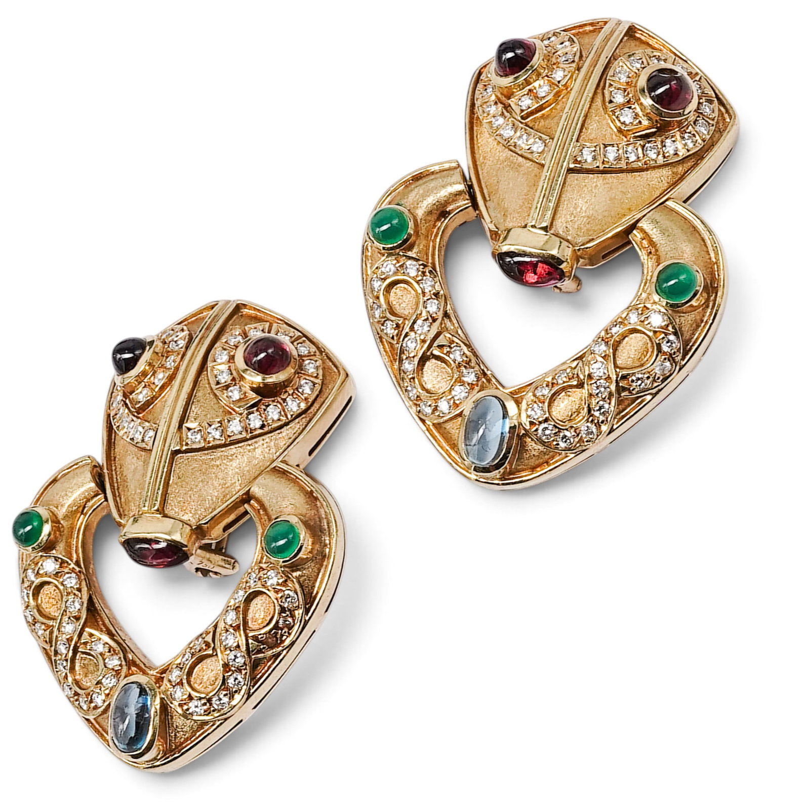 Signed 18K Gold Diamond & Multi-Gemstone Earrings: Signed 18K Gold Diamond & Multi-Gemstone Earrings 1980s 18K yellow gold doorknocker clip earrings, pavé-set diamond accents, and cabochon multi-gemstone details with clip-on earring backs. Markings: 