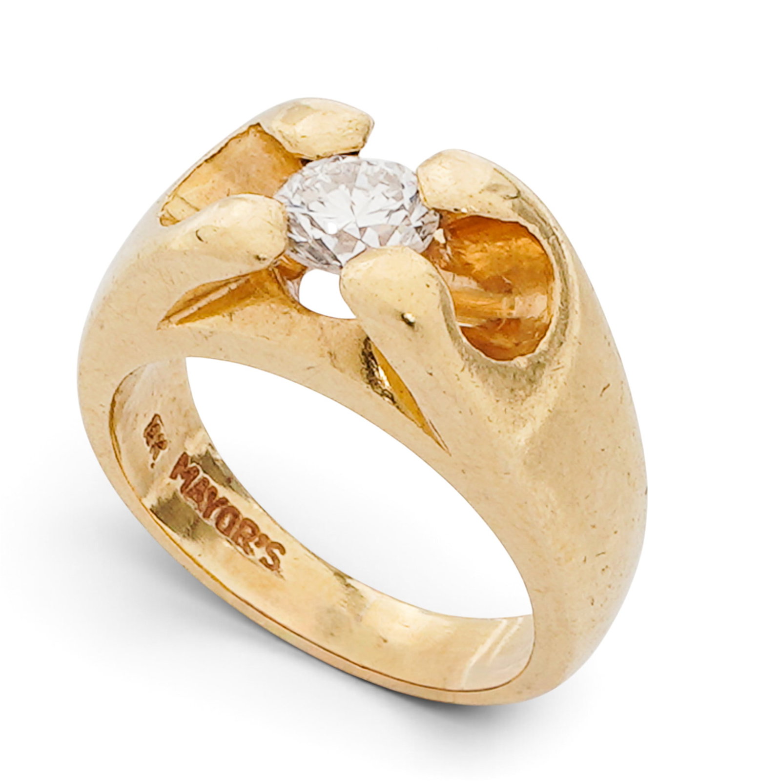 Mayors 18K Gold Diamond Ring: Mayors 18K Gold Diamond Ring 1990s, USA 18K yellow gold ring with raised setting and split shoulder form, centering one round brilliant-cut diamond. Stones: Approx. 0.75 ct round brilliant-cut