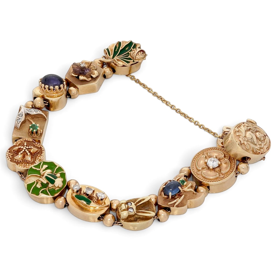 Signed 14K Gold Multi-Stone & Enamel Charm Bracelet (1 of 15)