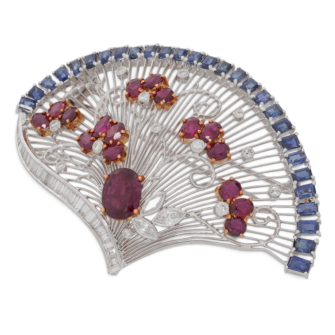 18K Gold Ruby Garnet Sapphire & Diamond Fan Brooch: 18K Gold Ruby Garnet Sapphire & Diamond Fan Brooch Late 20th Century 18K two-tone gold fan-form brooch designed with an open filigree frame, oval ruby center with garnet floral clusters, rectangular