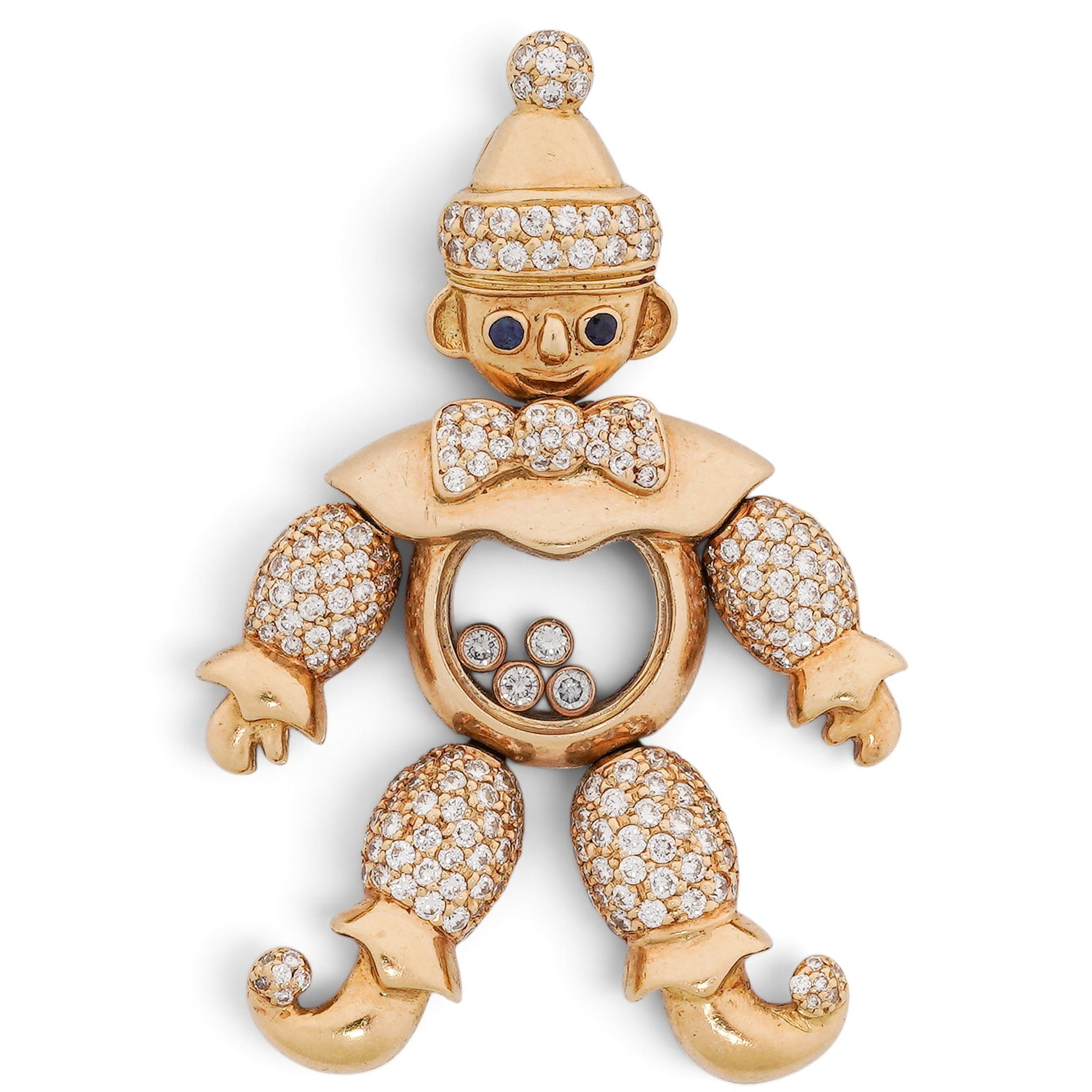 18K Gold Chopard Style "Happy Diamonds" Clown Pendant: 18K Gold Chopard Style "Happy Diamonds" Clown Pendant 1990s Chopard-style Happy Diamonds clown pendant in 18K yellow gold with diamond-set elements and floating diamonds, sapphire eyes and hidden