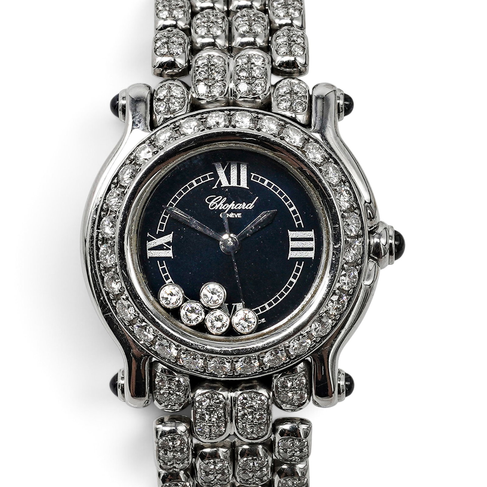 Chopard “Happy Sport?? Diamond Watch REF 27/8245: Chopard “Happy Sport” Diamond Watch REF 27/8245 1990s-2000s, Swiss Chopard Happy Sport 26mm stainless steel ladies quartz wristwatch with blue Roman numeral dial, five floating diamonds, facto