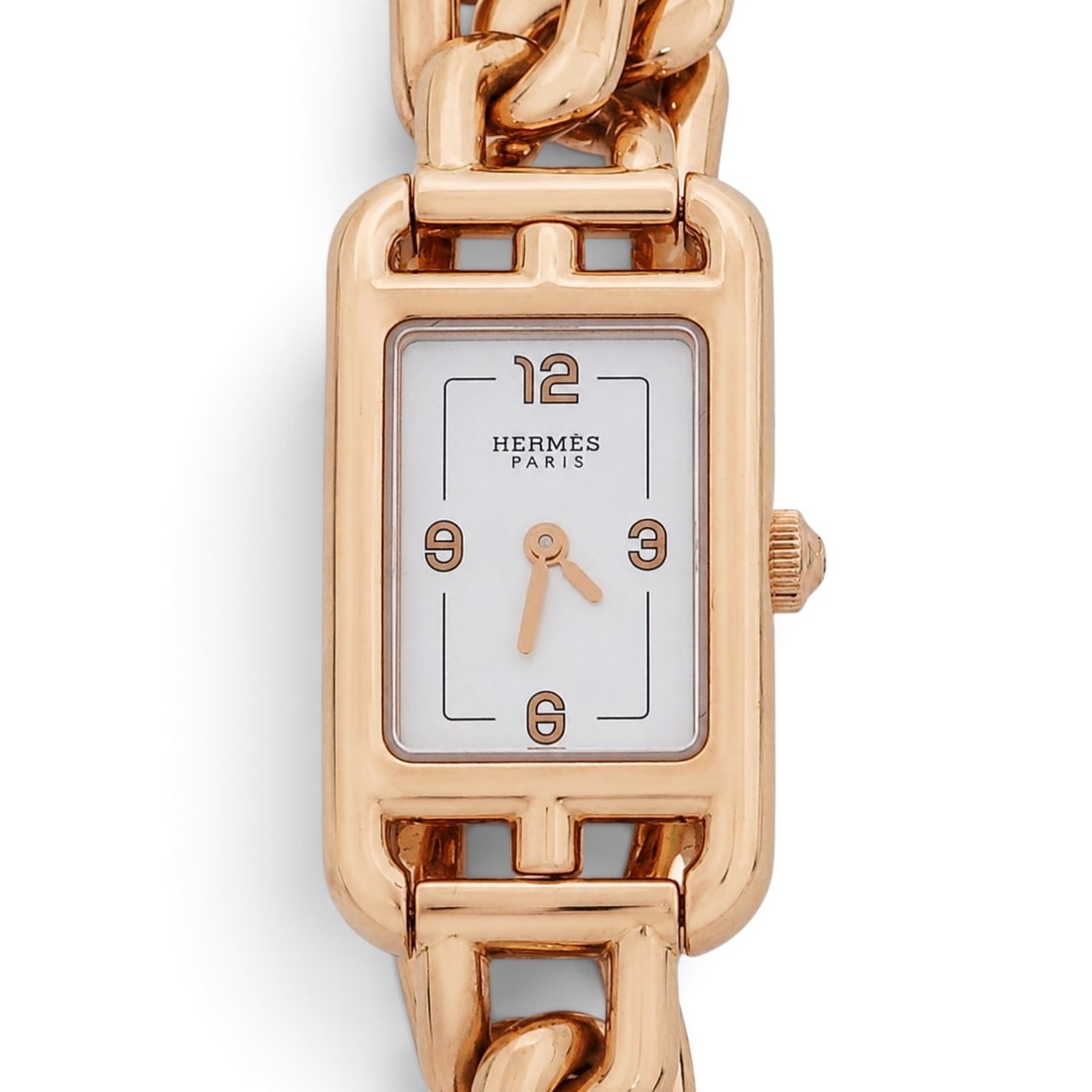 Hermes "Nantucket Petite Modele" 18K Gold Bracelet Watch REF NA2.170: Hermes "Nantucket Petite Modele" 18K Gold Bracelet Watch REF NA2.170 2000s, Swiss/Italian Hermes Nantucket Petite Modele 18K rose gold ladies quartz wristwatch with rectangular Chaîne