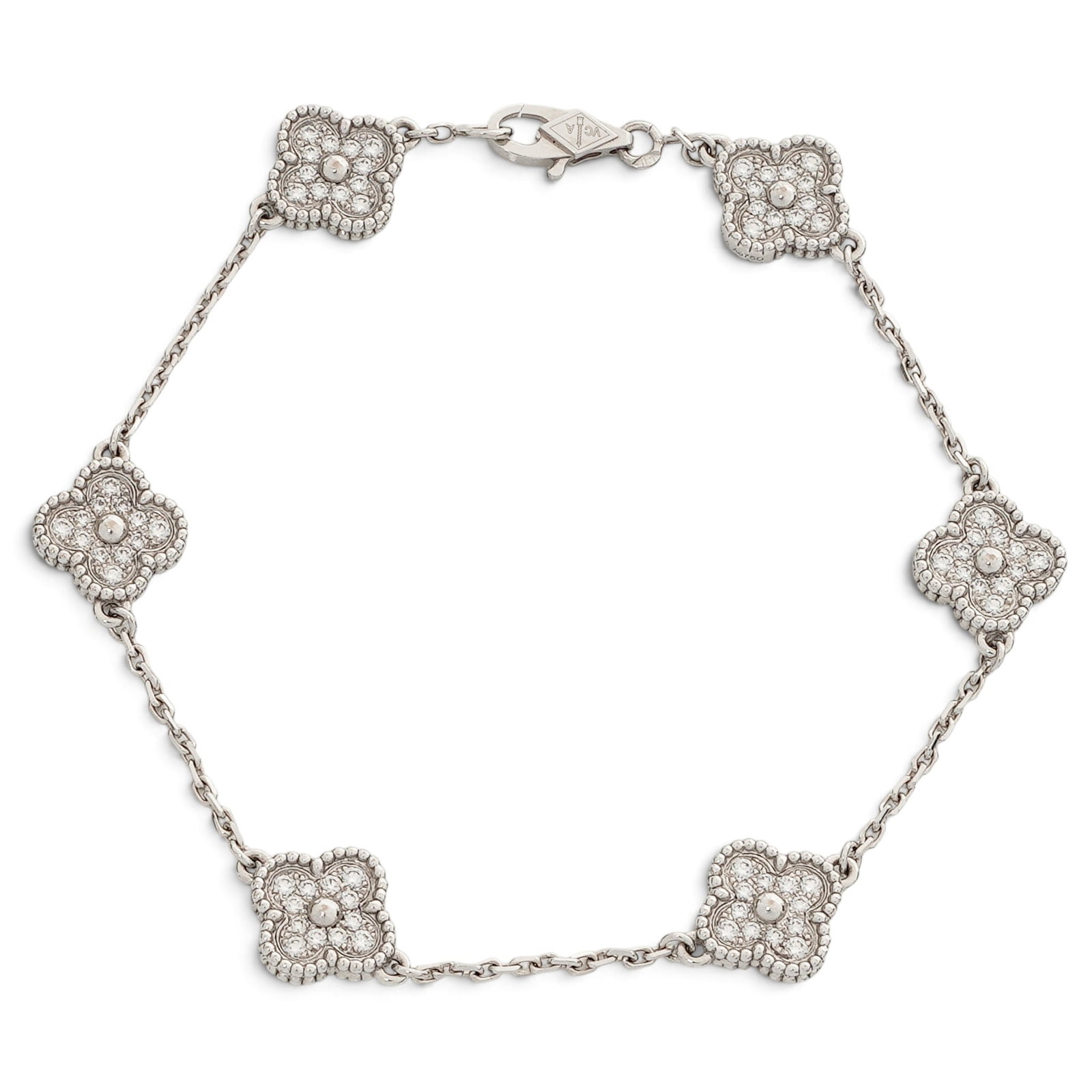 Van Cleef & Arpels "Sweet Alhambra" 18k Gold & Diamond Bracelet: Van Cleef & Arpels "Sweet Alhambra" 18k Gold & Diamond Bracelet Contemporary, French. Van Cleef & Arpels 18K white gold Sweet Alhambra six motif bracelet with miniature pavé-set diamond quatrefoil