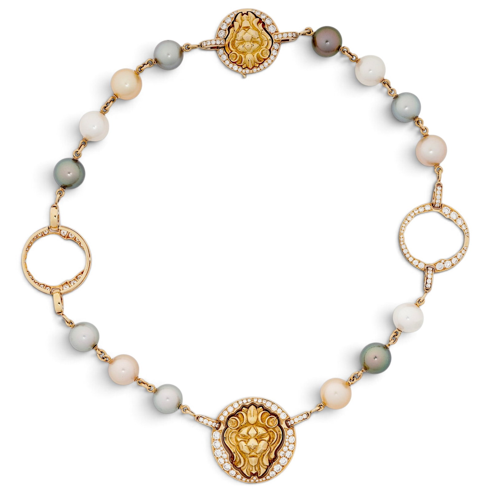 Chanel "Sous le Signe du Lion" 18K Gold Pearl & Diamond Choker Necklace: Chanel "Sous le Signe du Lion" 18K Gold Pearl & Diamond Choker Necklace 2010s, French 18K yellow gold Chanel Sous le Signe du Lion choker necklace with cultured pearls, two carved gold lion medallion 