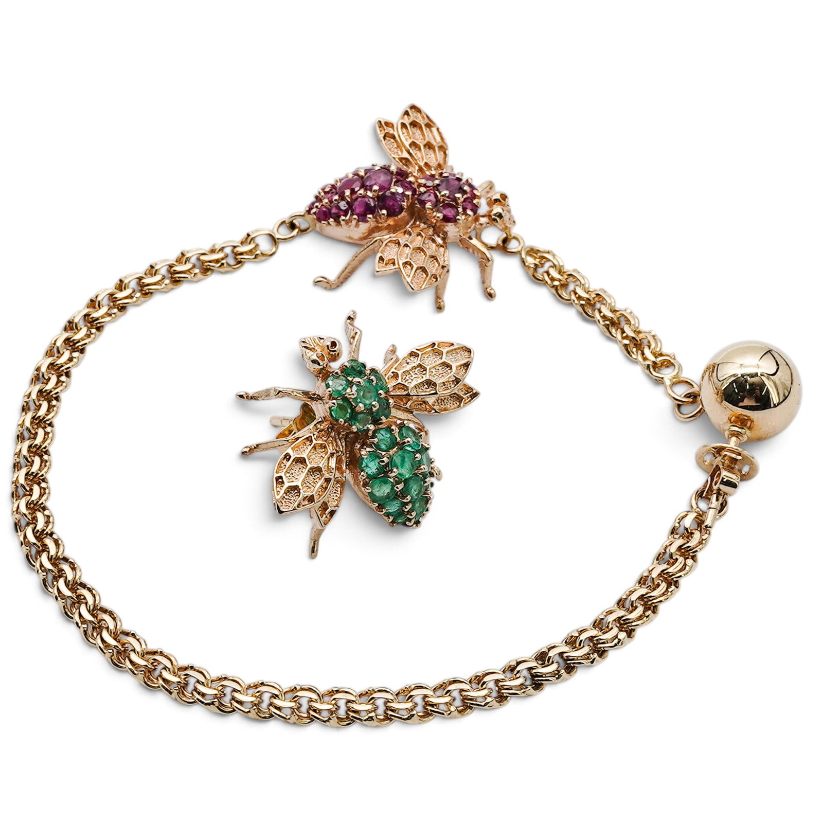 14K Gold Ruby & Emerald Bee Earrings: 14K Gold Ruby & Emerald Bee Earrings Late 20th Century 14K yellow gold bee earrings with textured wing details, one set with ruby accents and chain drop design, the other set with emerald accents in