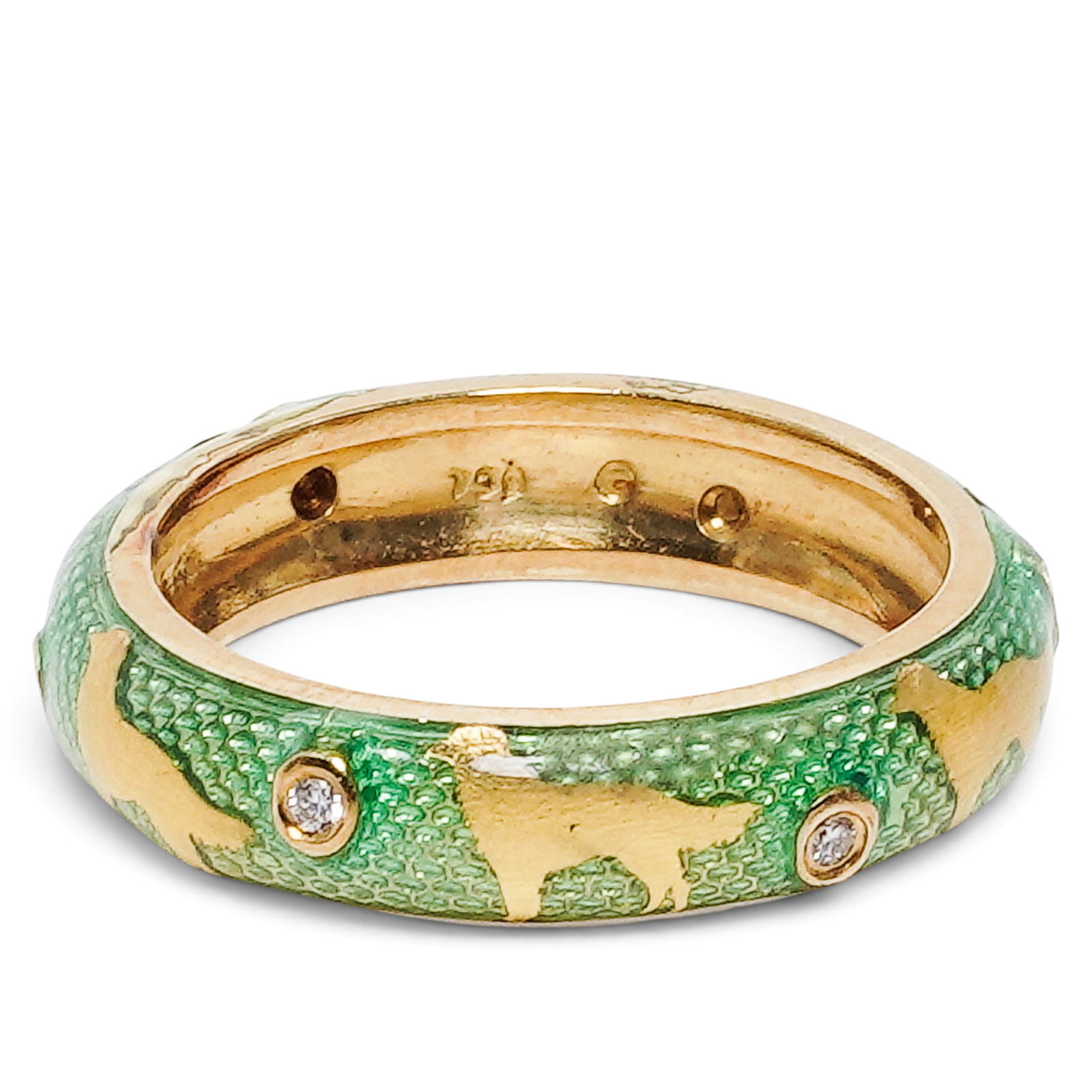 18k Gold Diamond & Enamel Dog Motif Ring: 18k Gold Diamond & Enamel Dog Motif Ring 2000s, USA 18K yellow gold band ring with green and yellow enamel dog motif design and diamond accents totaling approx. 0.05 cts. Stamped "Hidalgo" and "750".