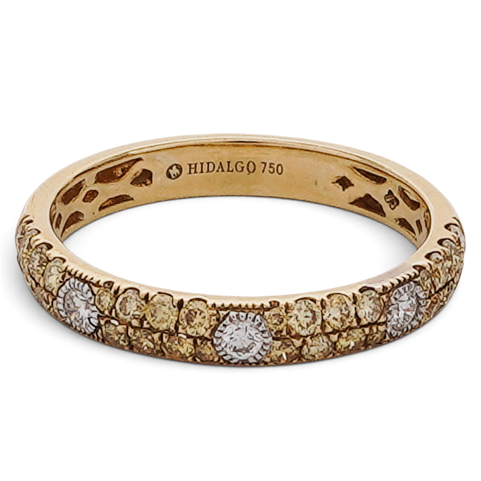 Hidalgo 18K Gold White and Yellow Diamond Band Ring: Hidalgo 18K Gold White and Yellow Diamond Band Ring 2000s, USA 18K yellow gold band ring set with approx. 0.50 ctw yellow diamonds and approx. 0.20 ctw white diamonds. Stamped "Hidalgo 750" with