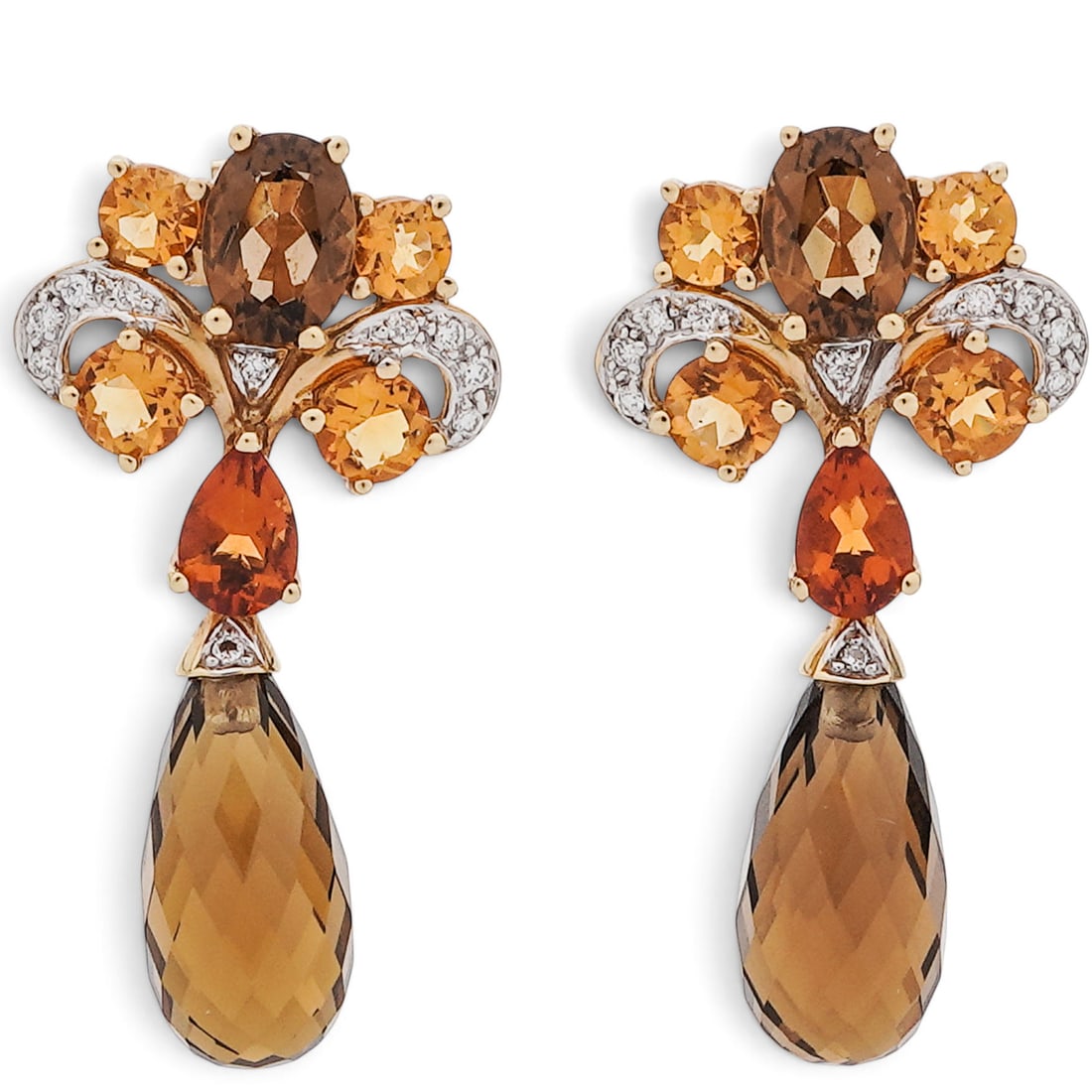 18K Gold Smoky Quartz Citrine & Diamond Drop Earrings: 18K Gold Smoky Quartz Citrine & Diamond Drop Earrings Late 20th Century 18K gold drop earrings set with approx. 10.00 ctw smoky quartz, approx. 4.00 ctw citrine, and approx. 0.20 ctw diamonds, designe