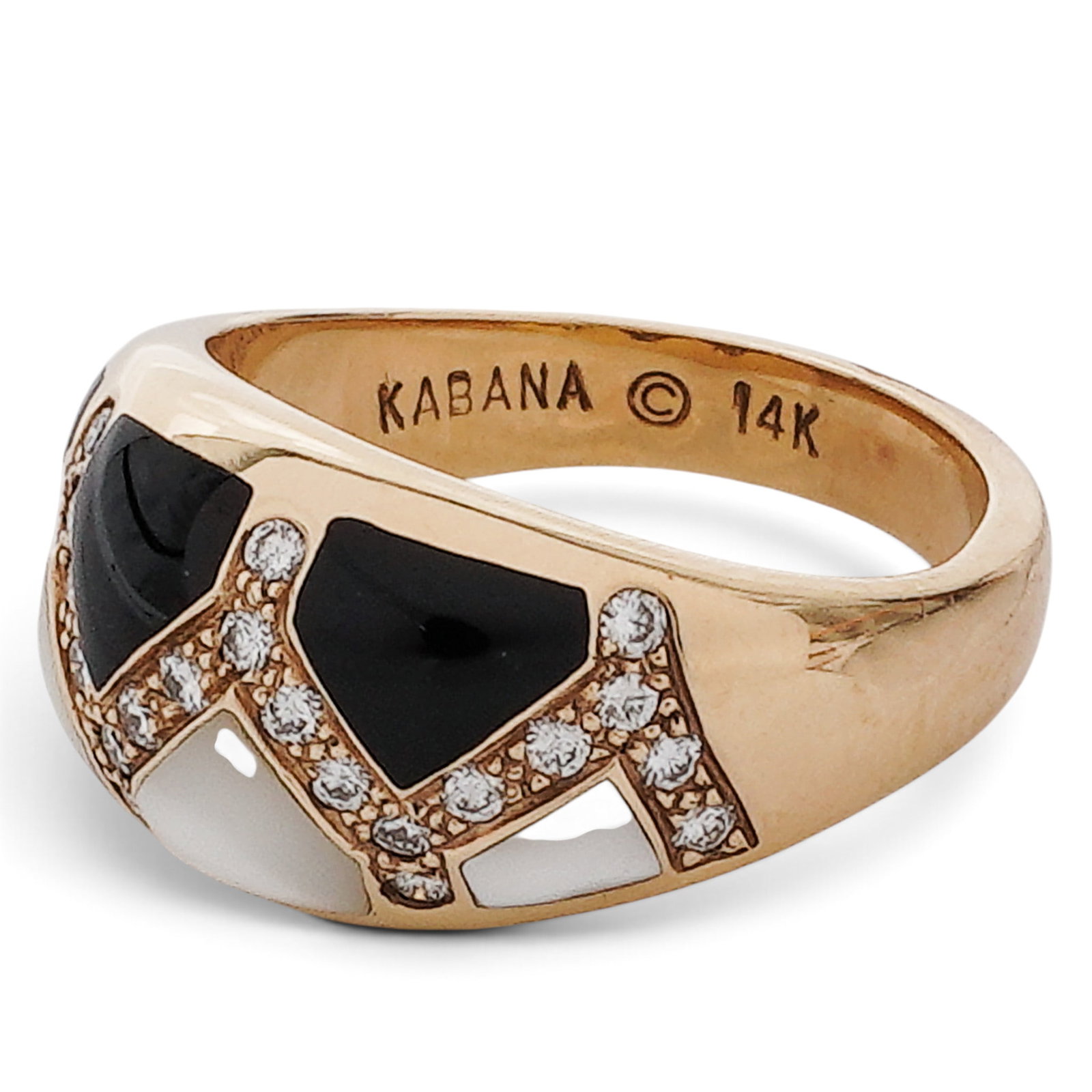 Kabana 14K Gold MOP Onyx & Diamond Ring: Kabana 14K Gold MOP Onyx & Diamond Ring 2000s, USA Kabana 14K yellow gold dome ring inlaid with mother-of-pearl and black onyx panels, accented with approx. 0.90 ctw diamonds, signed for Kabana and 14