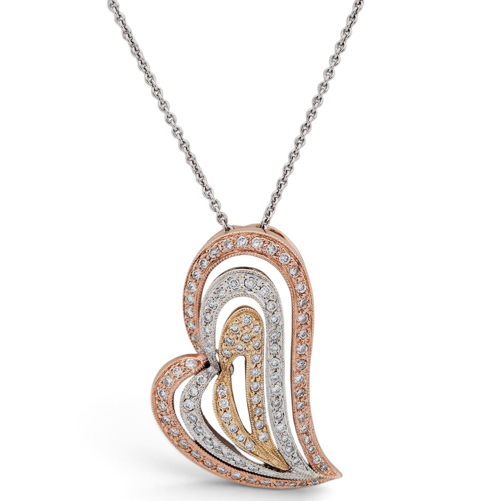 Natalie K 18K Tri-Color Gold & Diamond Heart Pendant with 14k Necklace: Natalie K 18K Tri-Color Gold & Diamond Heart Pendant with 14k Necklace 2000s, USA 18K tri-color gold pendant necklace with layered heart-form pendant and diamond accents, set with approx. 1.50 ctw dia