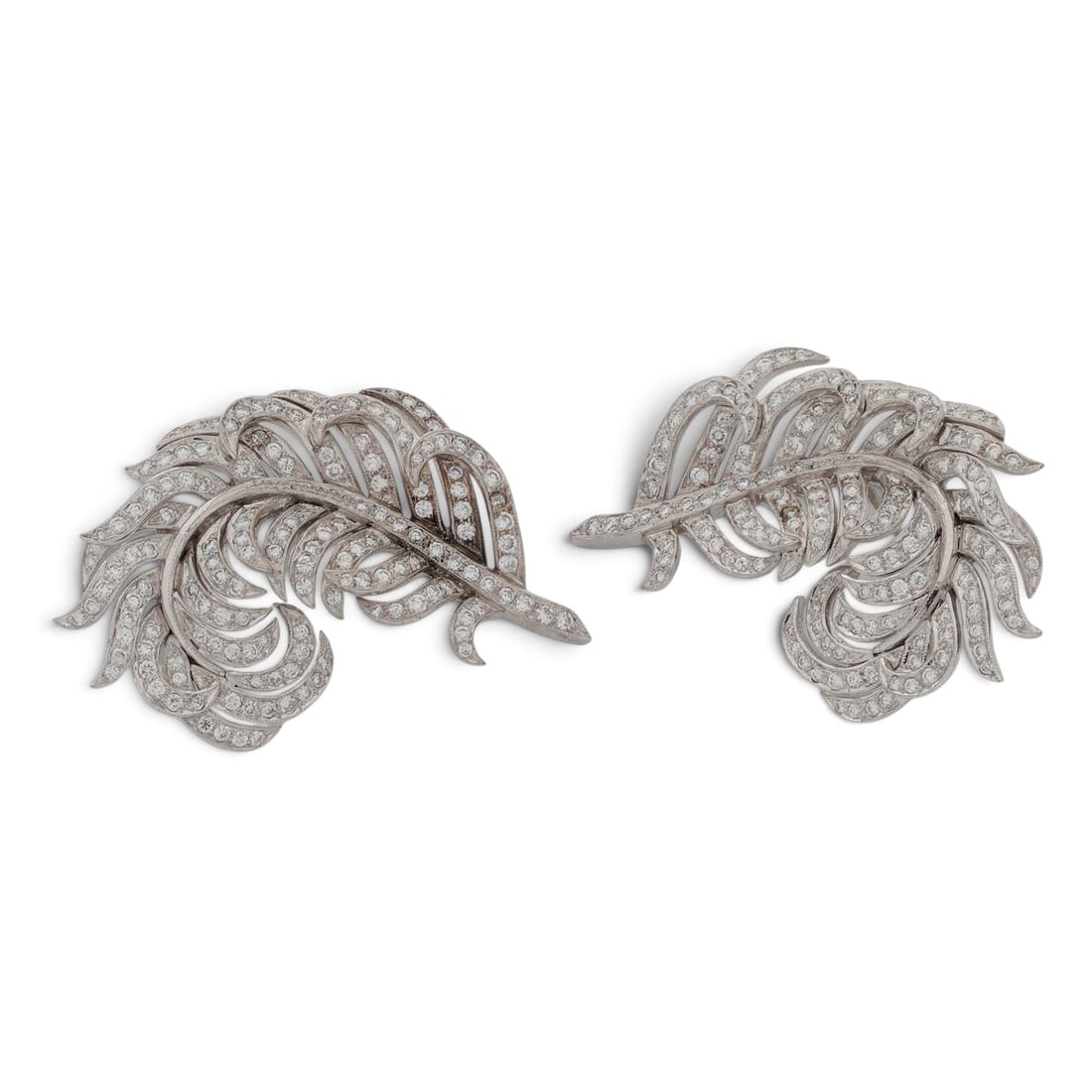 18K Gold & Diamond Feather Earrings: 18K Gold & Diamond Feather Earrings Late 20th Century 18K white gold earrings with layered curved sections and pavé-set round diamond accents throughout with post backs. Stones: Approx. 7.00 ctw whit