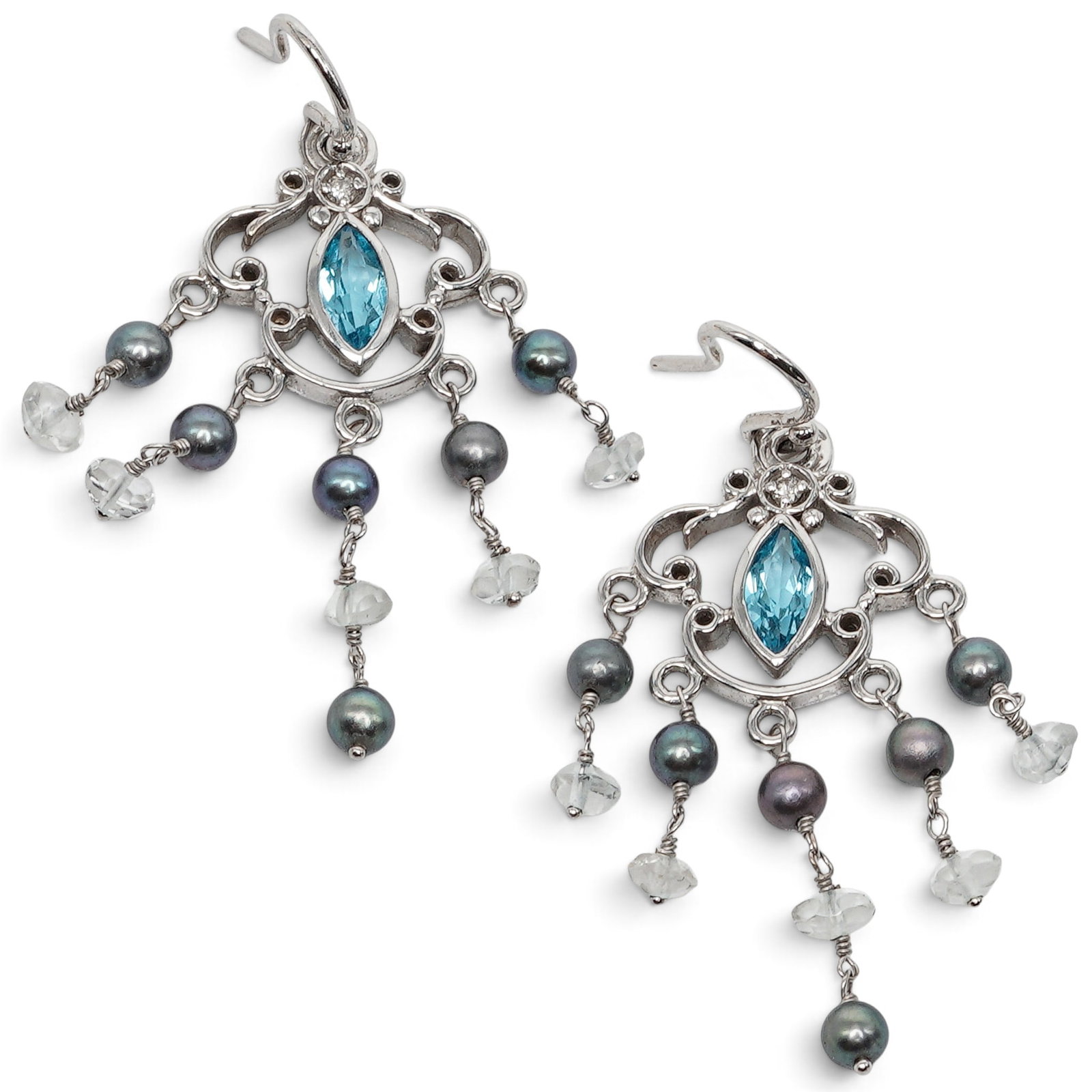 14K Gold Blue Topaz Pearl & Diamond Chandelier Earrings: 14K Gold Blue Topaz Pearl & Diamond Chandelier Earrings 1990's, United States 14K white gold chandelier earrings with scroll-form frames, marquise-cut blue gemstone centers, small diamond accents, gra