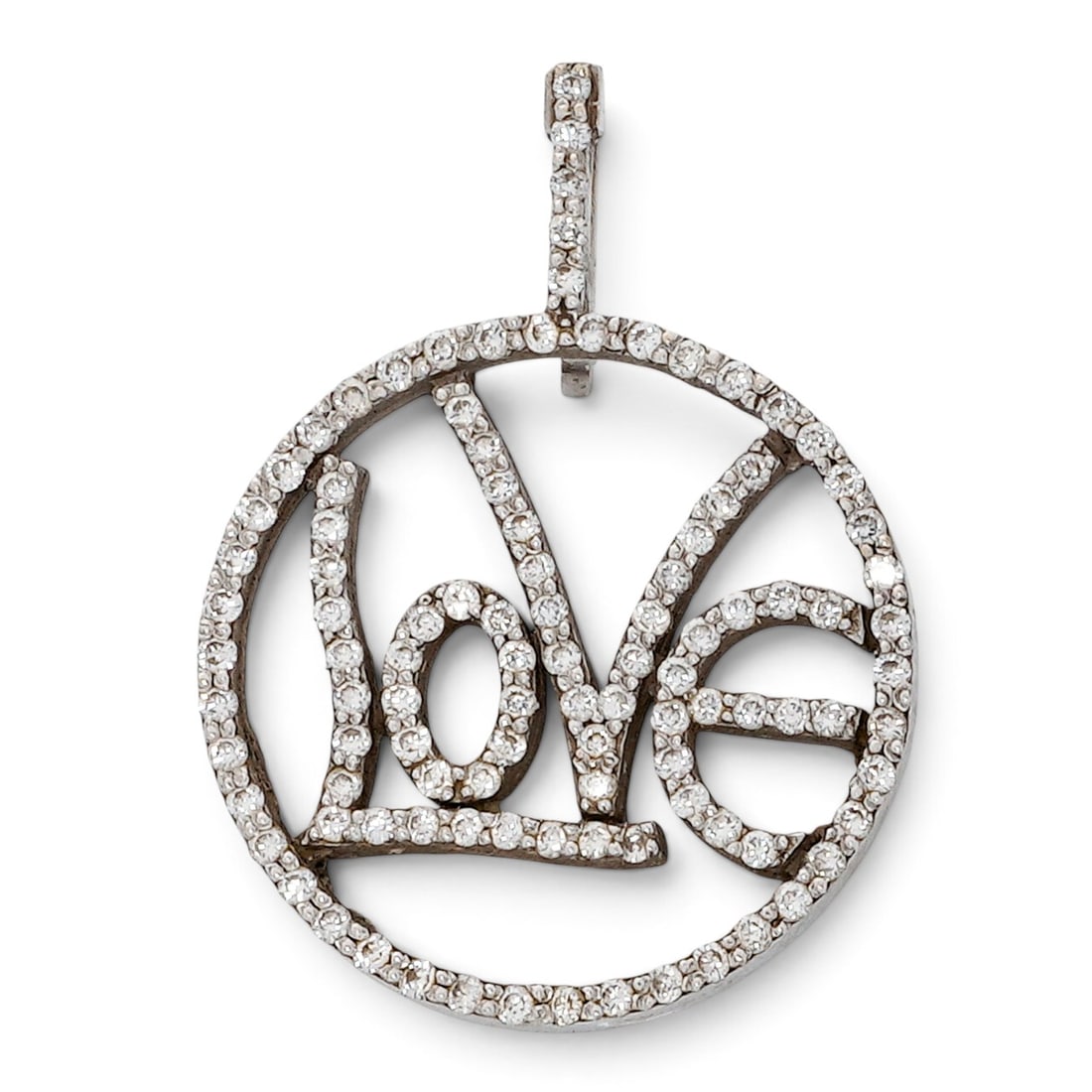 14k Gold & Diamond Circe of Love Pendant: 14k Gold & Diamond Circe of Love Pendant 2000s - 2010s 14K white gold circular pendant spelling "LOVE" in open script, pavé-set with approx. 1.00 ctw round diamonds across the frame, letters, and hin