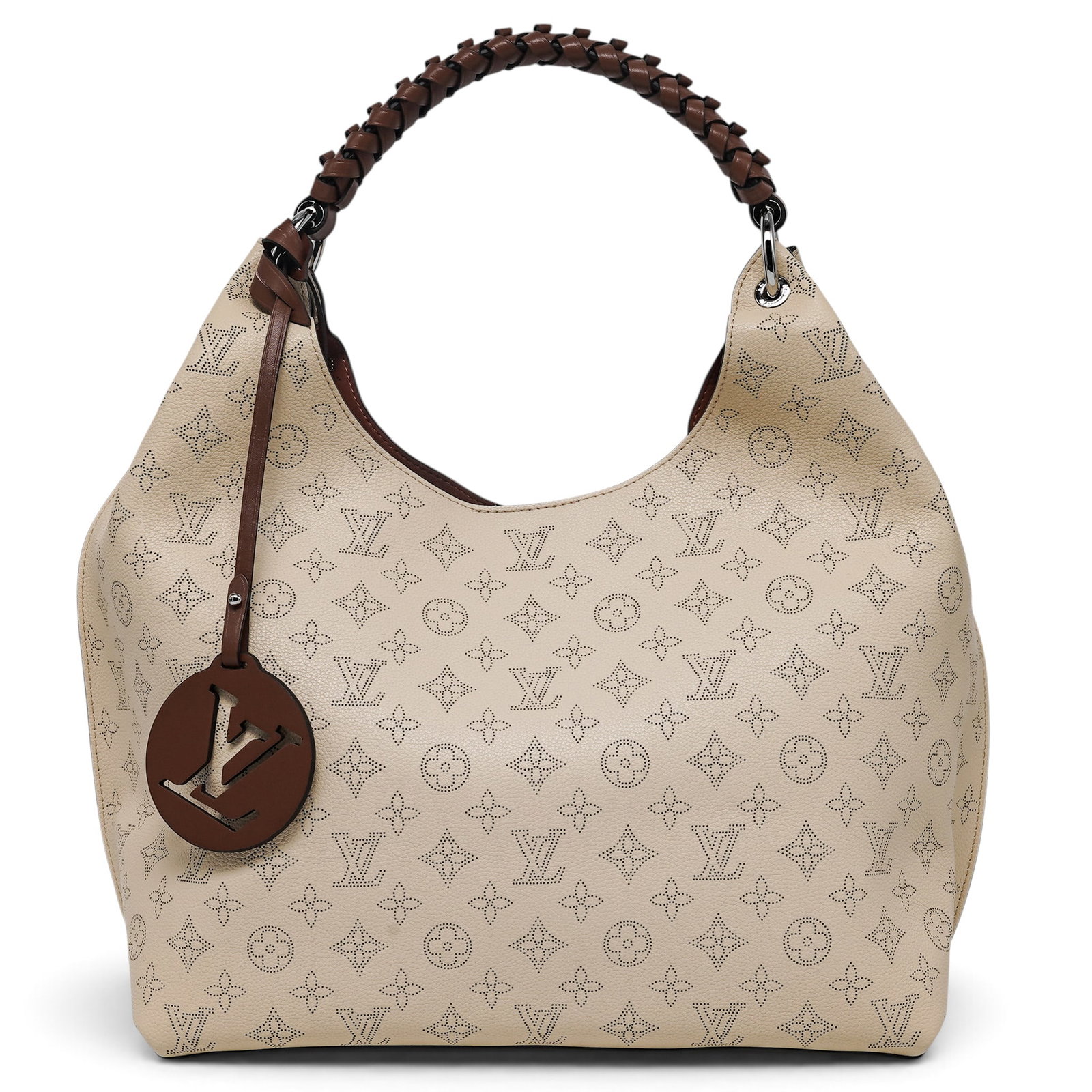 Louis Vuitton "Carmel" Hobo Crème Mahina Leather: Louis Vuitton "Carmel" Hobo Crème Mahina Leather 2020's, France Louis Vuitton "Carmel Hobo" crafted from Crème Mahina leather with the signature perforated Monogram pattern and contrasting brown