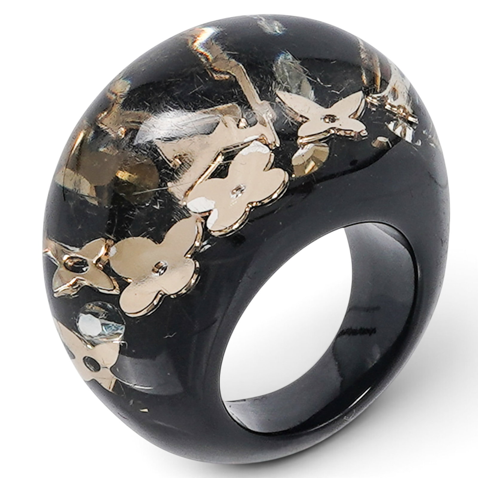 Louis Vuitton Monogram Inclusion Black Resin Ring: Louis Vuitton Monogram Inclusion Black Resin Ring 2010's, France Louis Vuitton Monogram Inclusion Ring crafted from black resin, featuring the signature monogram print in gold. Retail Cost: $265
