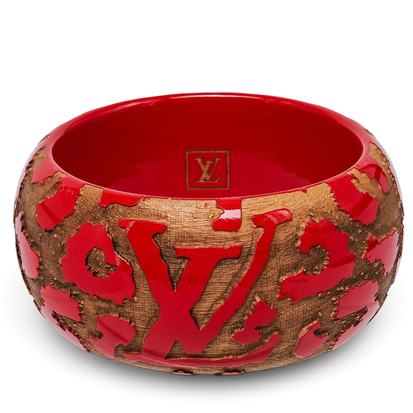 Louis Vuitton Red Animalier Print Wood Bangle: Louis Vuitton Red Animalier Print Wood Bangle 2009, France Louis Vuitton Animalier Wood Bangle featuring a red leopard print on polished lacquer. Retail Cost: $400 Fits: 7.75"