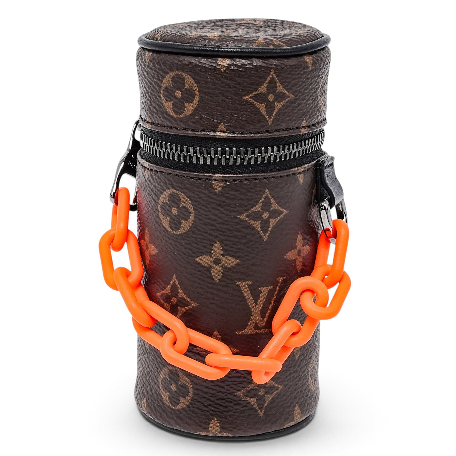 Louis Vuitton Monogram Barrel Solar Chain Keychain: Louis Vuitton Monogram Barrel Solar Chain Keychain 2020's, France Louis Vuitton Monogram Barrel Solar Chain Keychain featuring the Monogram canvas, barrel-shaped design, and Virgil's signature orange