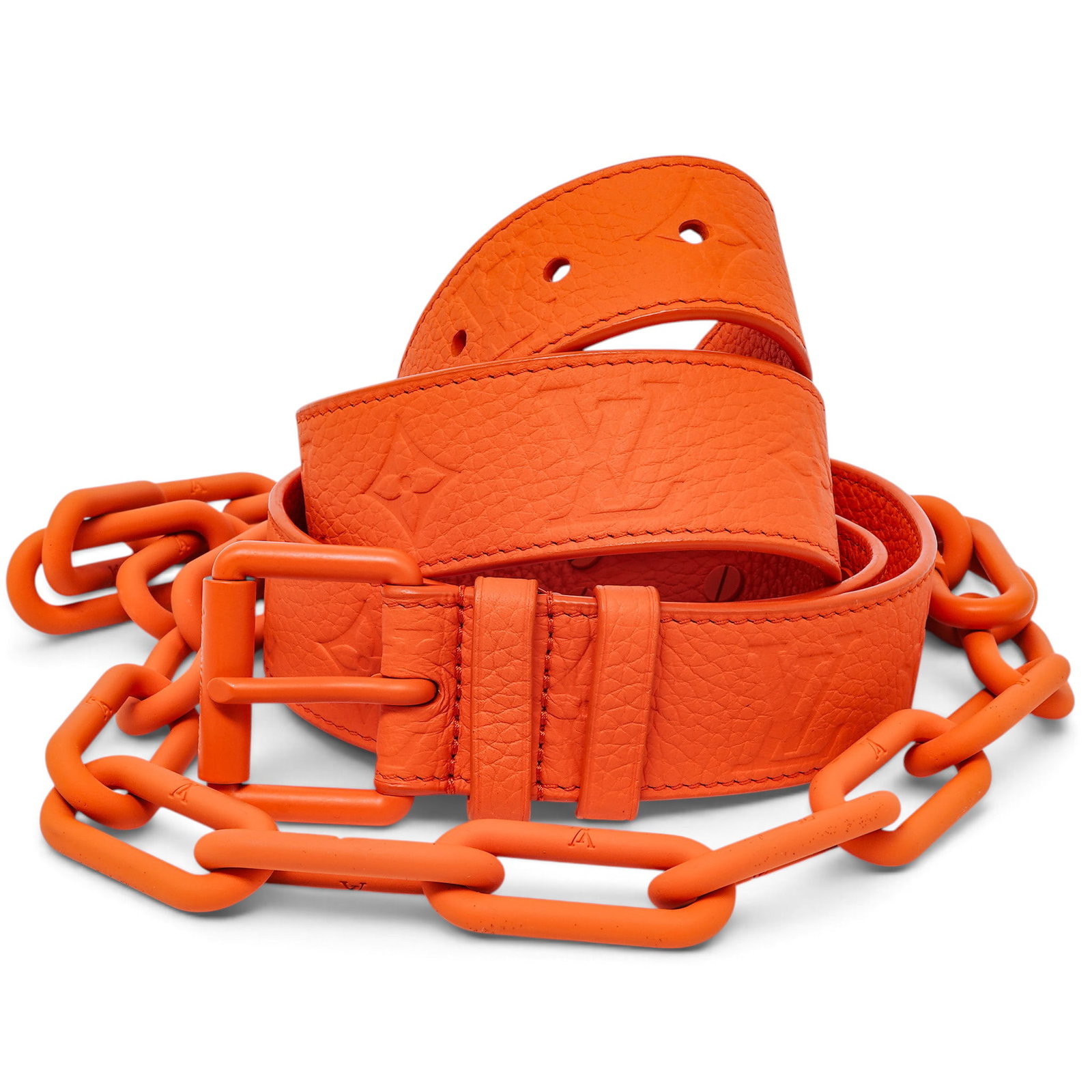 Louis Vuitton Orange Taurillon Leather 35mm Chain Belt: Louis Vuitton Orange Taurillon Leather 35mm Chain Belt 2020's, France Louis Vuitton Orange Taurillon Leather Chain Belt. Orange Taurillon leather with a distinctive chain detail and matte orange