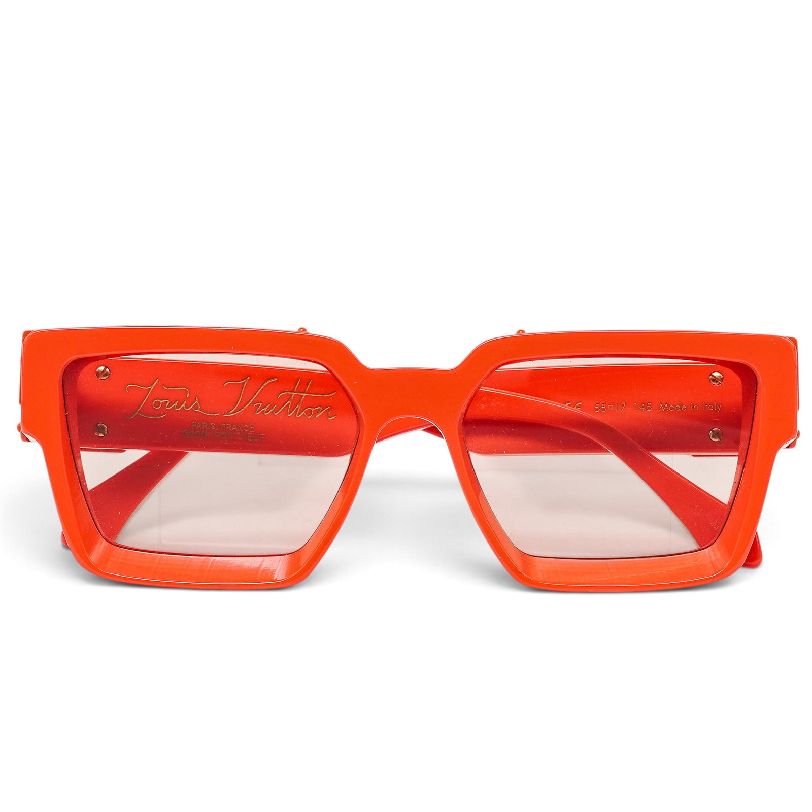 Louis Vuitton Orange "1.1 Millionaires" Sunglasses: Louis Vuitton Orange "1.1 Millionaires" Sunglasses 2020's, France Louis Vuitton Orange “1.1 Millionaires” Sunglasses. Bold orange frames with the iconic 1.1 Millionaires design from Virgil