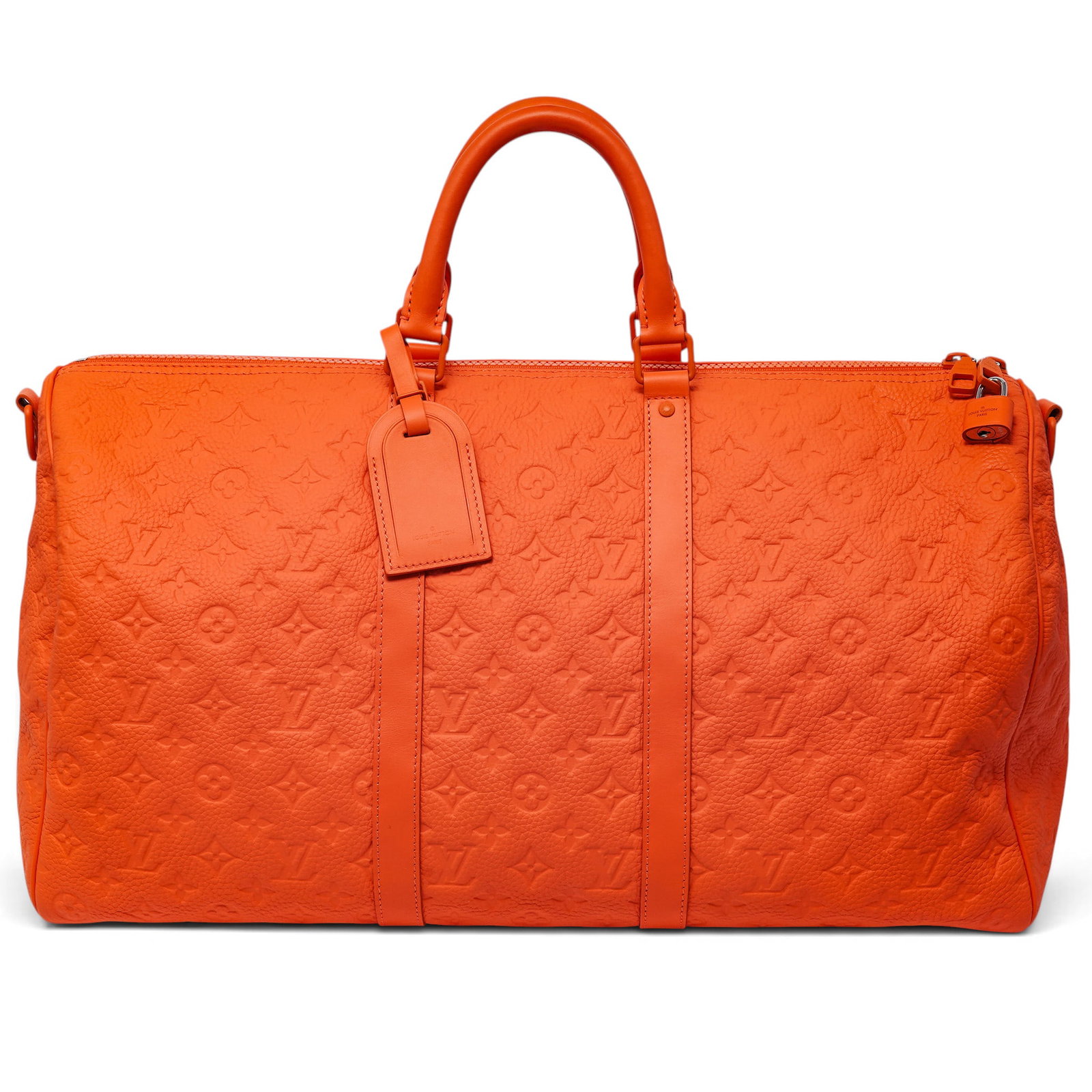 Louis Vuitton "Keepall" 50 Orange Taurillon Leather: Louis Vuitton "Keepall" 50 Orange Taurillon Leather 2022, France Louis Vuitton Keepall 50 Bandoulière crafted from orange taurillon leather with embossed Monogram detailing, tonal leather trim,