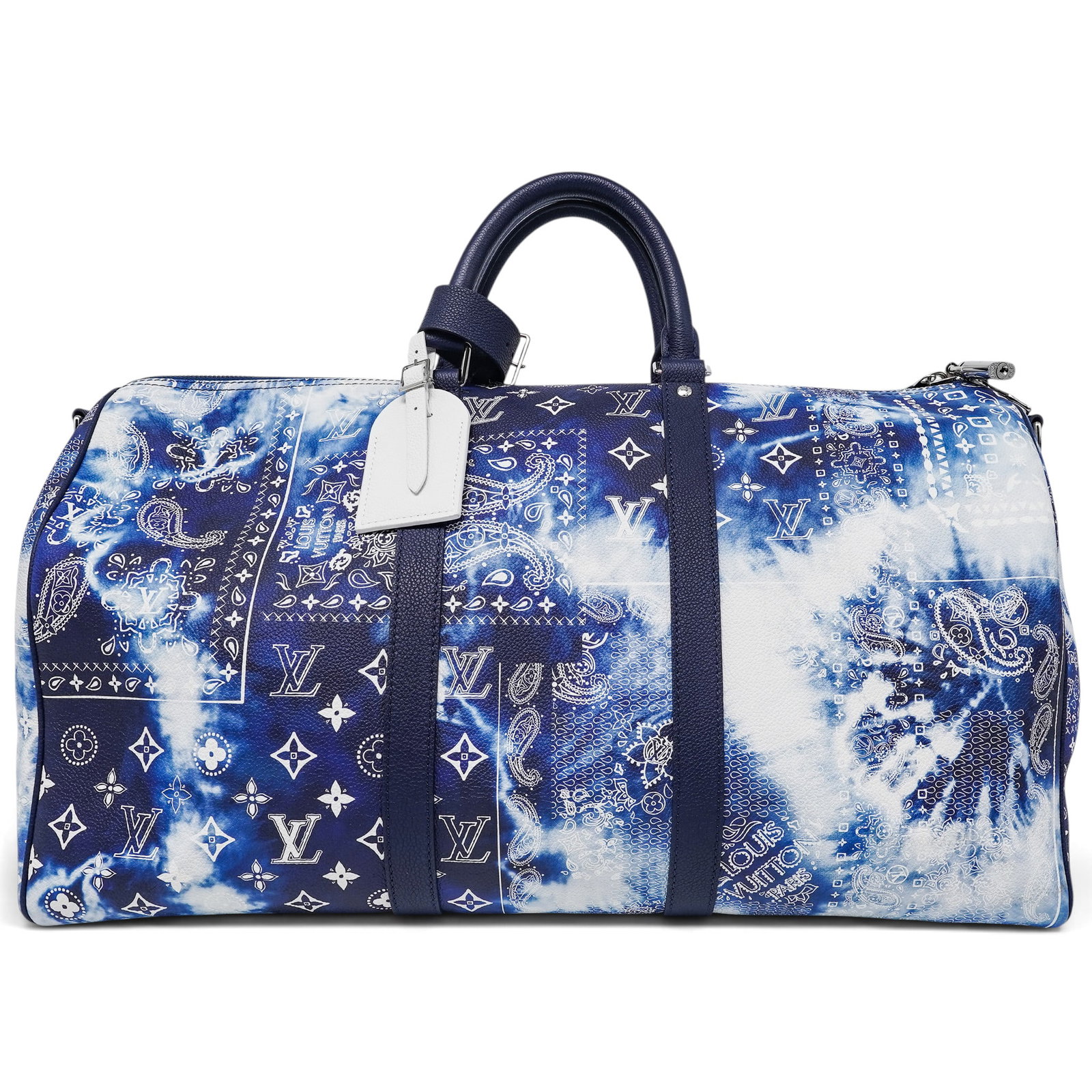 Louis Vuitton "Keepall" 50 Bandana Monogram Leather: Louis Vuitton "Keepall" 50 Bandana Monogram Leather 2022, France Louis Vuitton Keepall Bandoulière 50 Bandana Monogram featuring a bandana-inspired Monogram design, rolled leather top handles, and