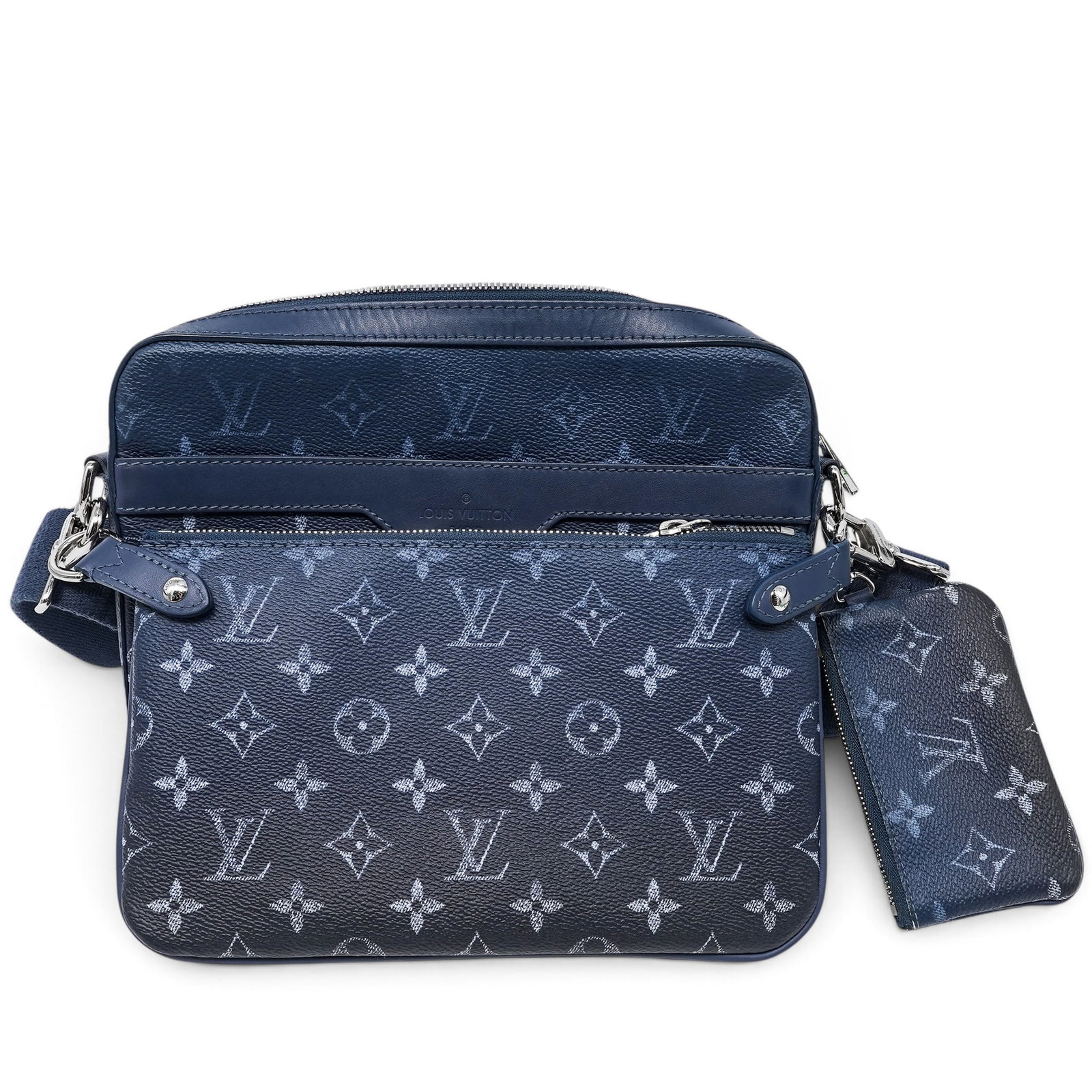 Louis Vuitton "Trio" Messenger Bag Blue Monogram Shadow Canvas: Louis Vuitton "Trio" Messenger Bag Blue Monogram Shadow Canvas 2020's, France The Louis Vuitton “Trio” Messenger Bag is crafted from Blue Monogram Shadow canvas, featuring the signature tonal