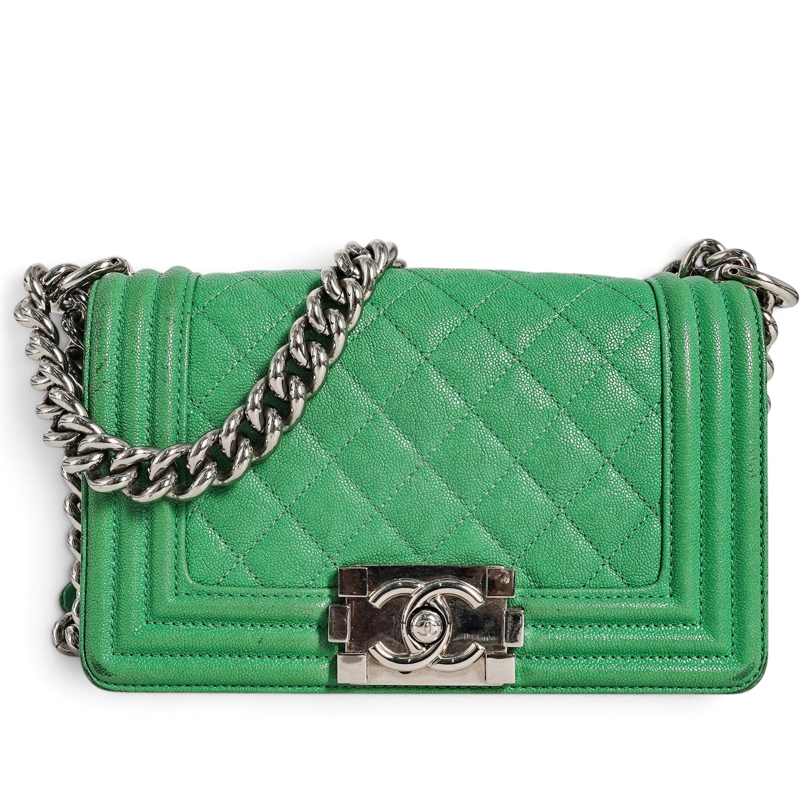 Chanel Small "Boy Bag" Green Caviar Leather: Chanel Small "Boy Bag" Green Caviar Leather 2020, France Chanel Small Boy Bag crafted from green caviar leather with silver hardware, featuring the signature CC push-lock closure and chunky chain stra