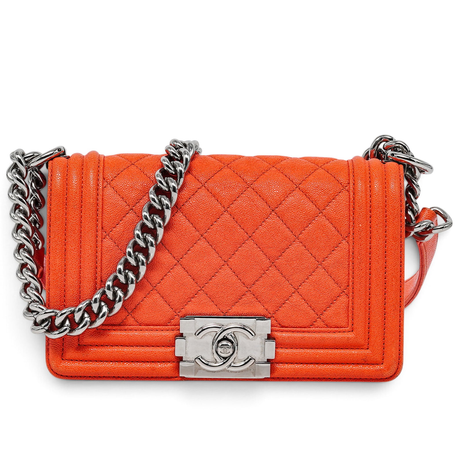 Chanel Small "Boy Bag" Orange Caviar Leather: Chanel Small "Boy Bag" Orange Caviar Leather 2019, France Chanel Small Boy Bag crafted from green caviar leather with silver hardware, featuring the signature CC push-lock closure and chunky chain str