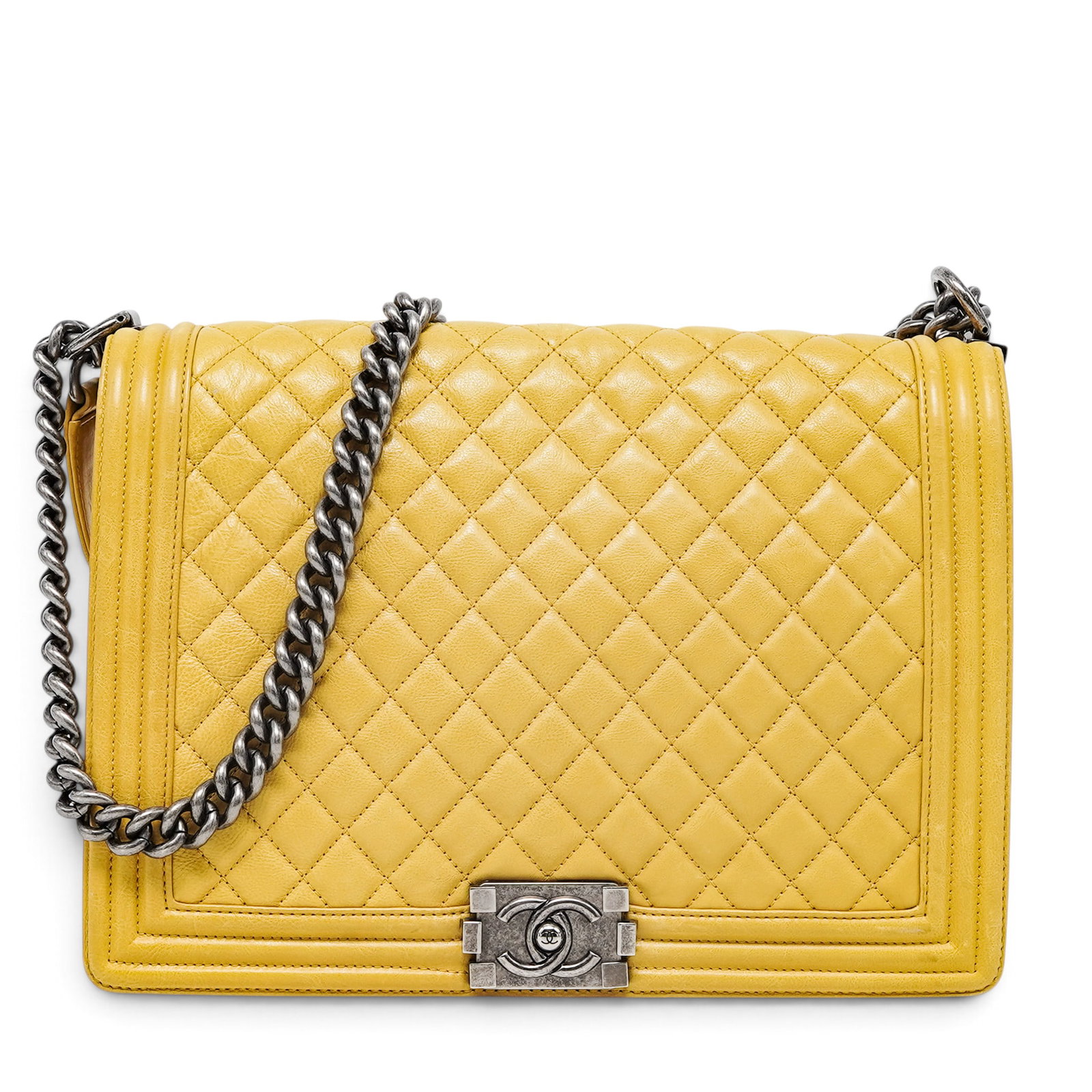 Chanel Large "Boy Bag" Quilted Yellow Lambskin: Chanel Large "Boy Bag" Quilted Yellow Lambskin 2012, Italy Chanel Large Boy Bag crafted from yellow quilted lambskin with signature quilting, a ruthenium chain strap, and a ruthenium CC push-lock clos