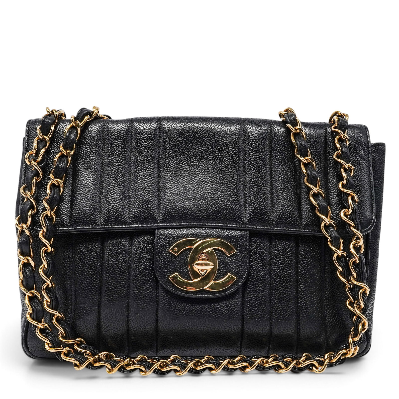 Chanel Black Caviar Leather Vertical Stitch Jumbo Flap Bag: Chanel Black Caviar Leather Vertical Stitch Jumbo Flap Bag 1990's, France Property of a Real Housewife of Miami: Lea Black Chanel Black Caviar Leather Flap Shoulder Bag featuring vertical quilting, go