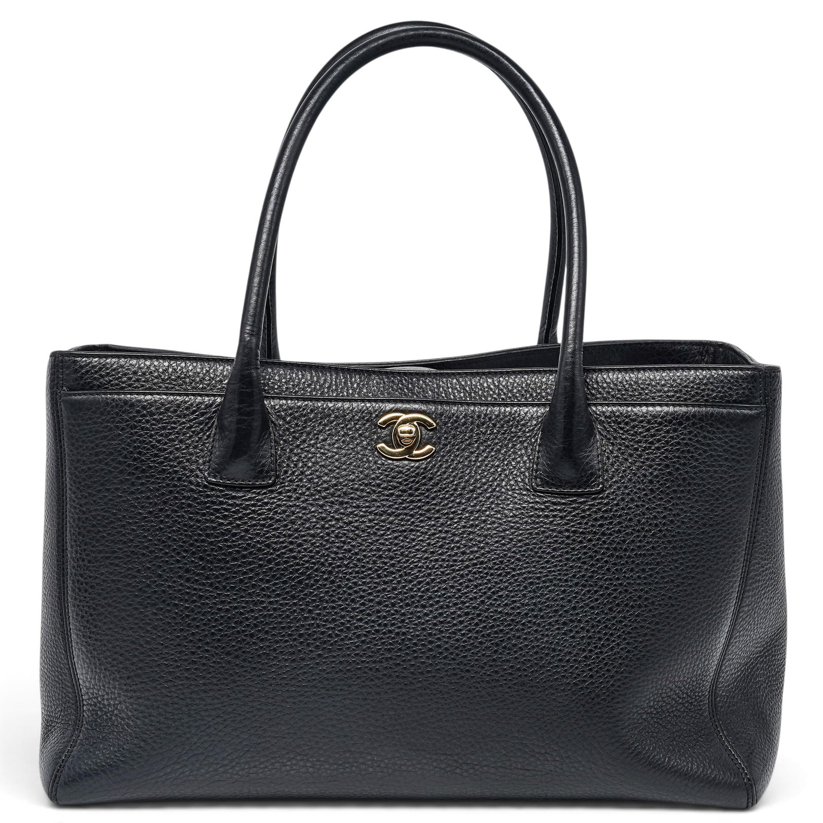 Chanel "Executive Tote" Cerf Leather Black: Chanel "Executive Tote" Cerf Leather Black 2014, Italy Chanel Cerf Executive Tote crafted from black leather with gold-tone hardware, featuring the signature CC turn-lock, rolled leather handles, and 