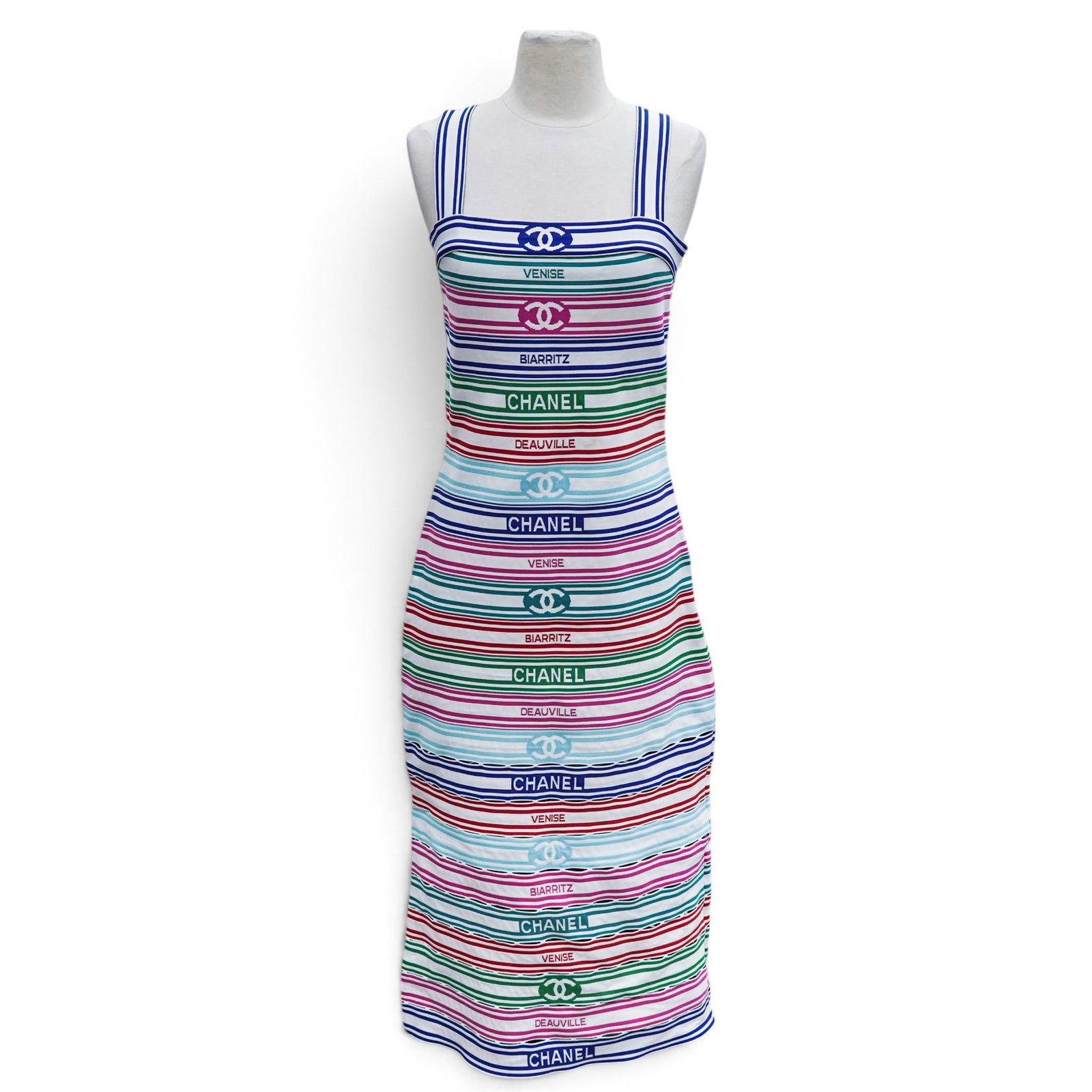 Chanel Midi Length Deauville Beatriz Multicolor Dress: Chanel Midi Length Deauville Beatriz Multicolor Dress 2019, France Chanel Deauville Beatriz midi-length multicolor dress featuring a vibrant multicolor design and signature Chanel detailing. FR Size 3
