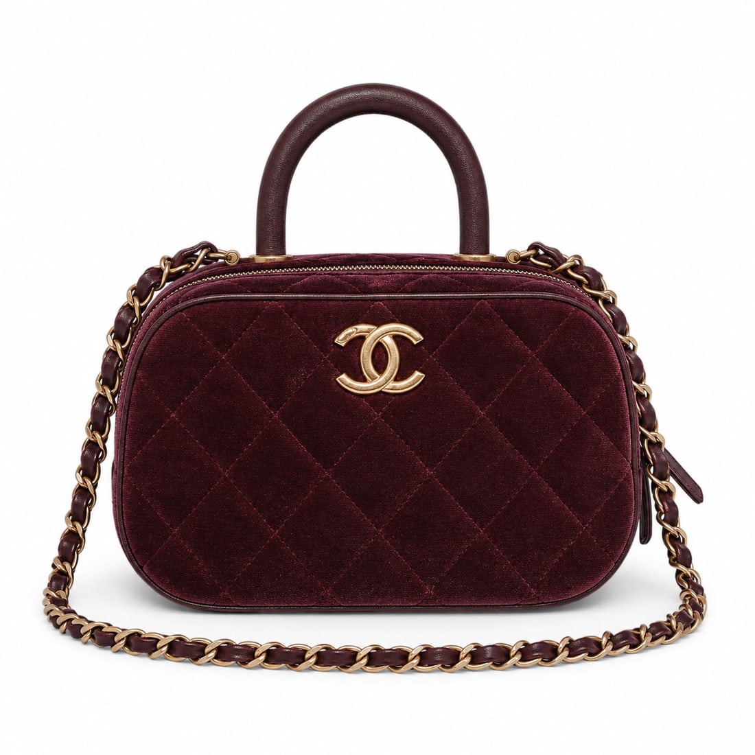 Chanel "Mini Bowling Bag" Burgundy Quilted Velvet (1 of 11)