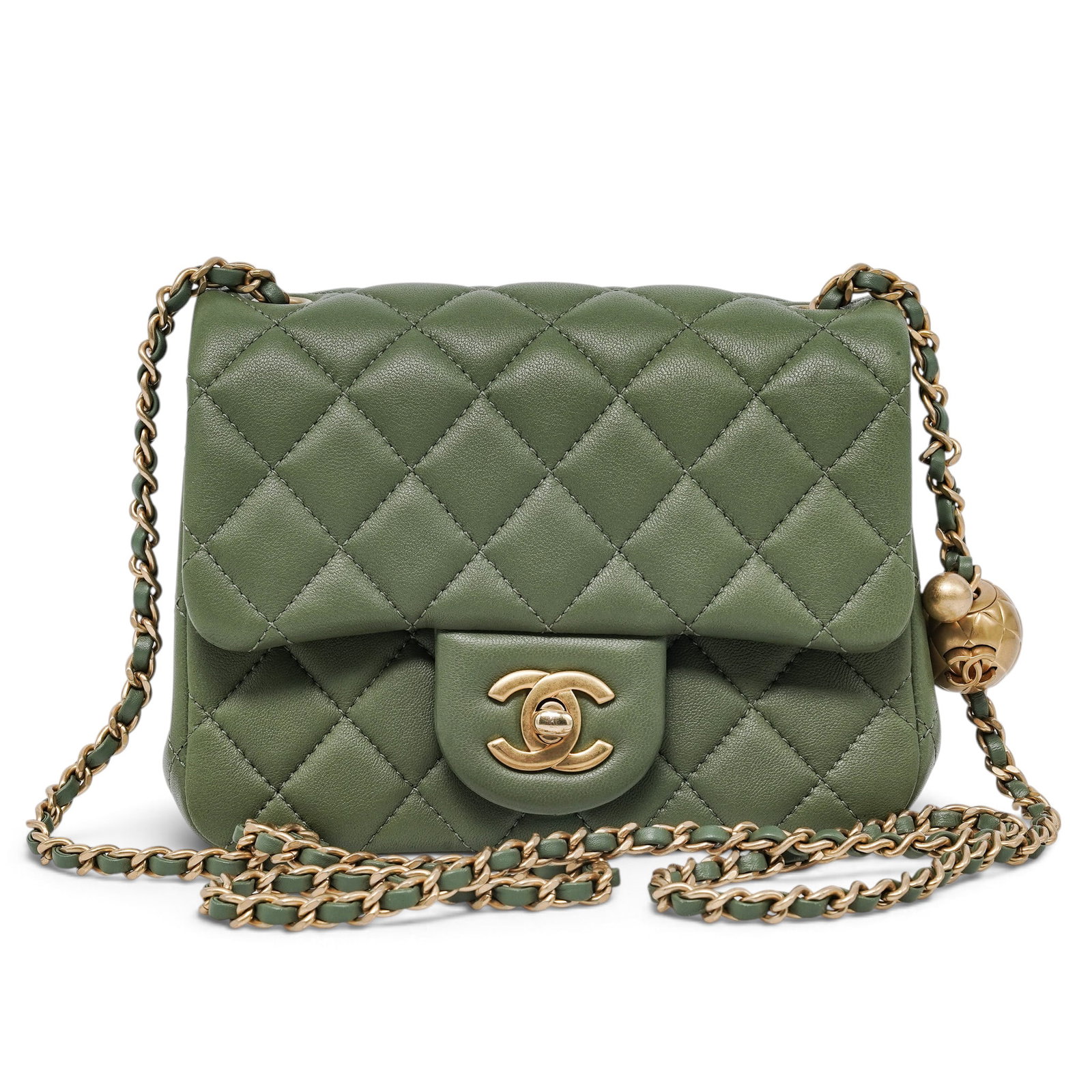 Chanel "Mini Square Flap" Pearl Crush Khaki Green Lambskin: Chanel "Mini Square Flap" Pearl Crush Khaki Green Lambskin 2021, Italy Chanel Mini Square Flap Pearl Crush crafted from khaki green quilted lambskin with antique gold-tone hardware. Features the signa