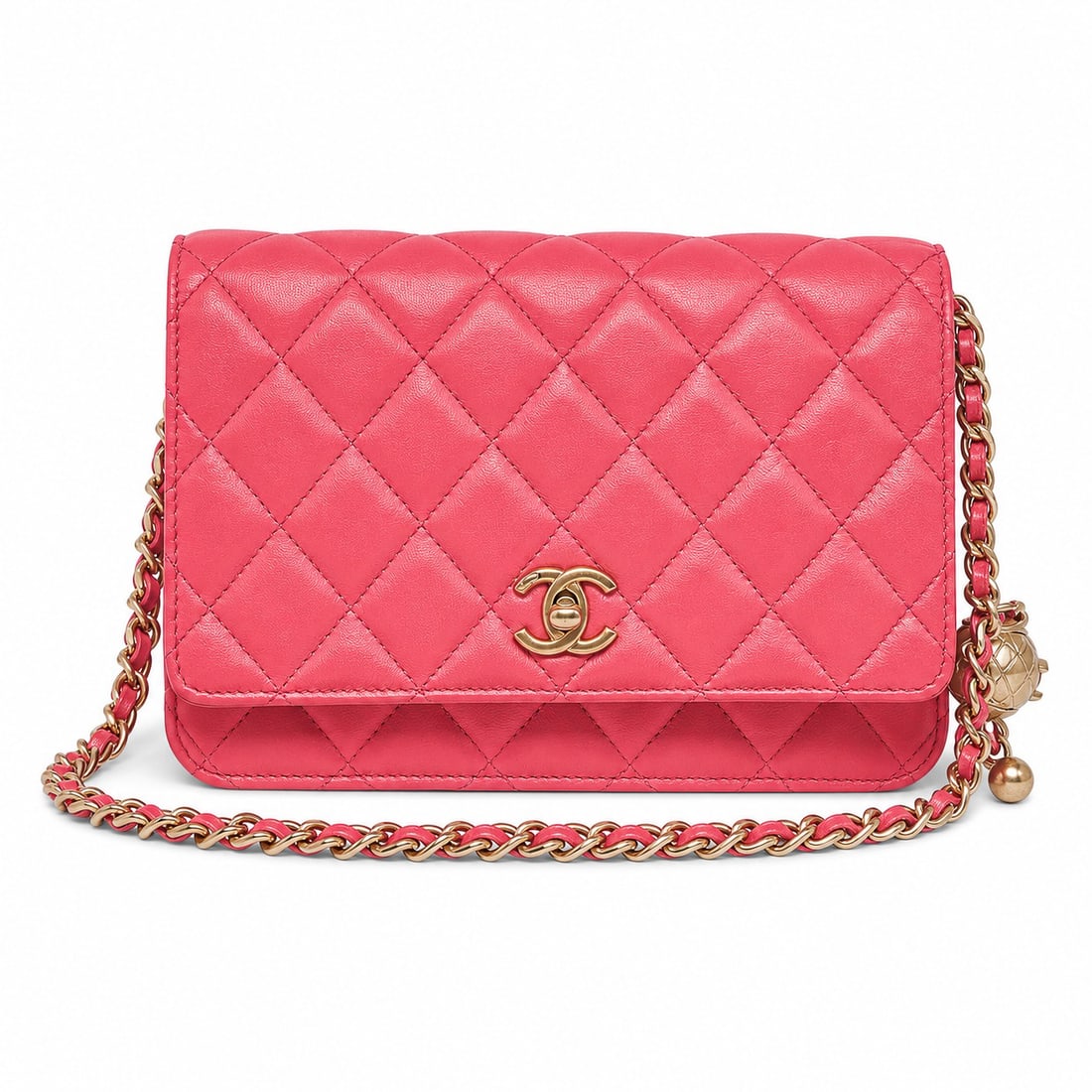 Chanel "Wallet on Chain" Pearl Crush Pink Lambskin Leather: Chanel "Wallet on Chain" Pearl Crush Pink Lambskin Leather 2022, France Chanel Wallet on Chain Pearl Crush crafted from hot pink quilted lambskin with gold-tone hardware. Features the signature CC clo