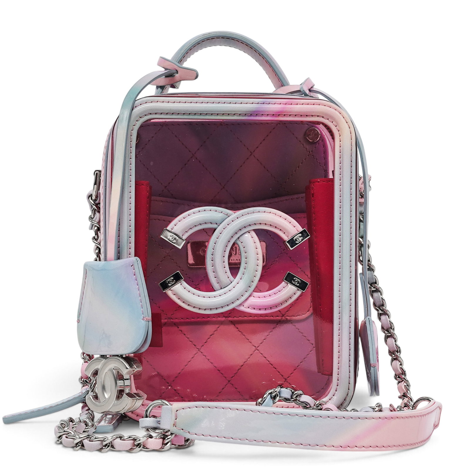 Chanel Vertical Vanity Bag Iridescent PVC: Chanel Vertical Vanity Bag Iridescent PVC 2019, Italy Chanel Vertical Vanity Bag in iridescent PVC with multicolor patent leather trim, silver-tone hardware, CC detailing, and a leather-woven chain st