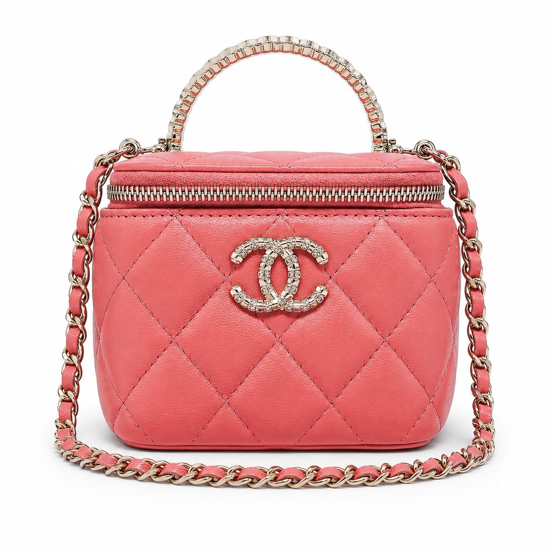 Chanel "Mini Vanity" Pink Quilted Lambskin With Crystal Top Handle: Chanel "Mini Vanity" Pink Quilted Lambskin With Crystal Top Handle 2020's, Italy Chanel Mini Vanity crafted from quilted pink lambskin with a crystal-encrusted top handle and gold-tone hardware. Featu