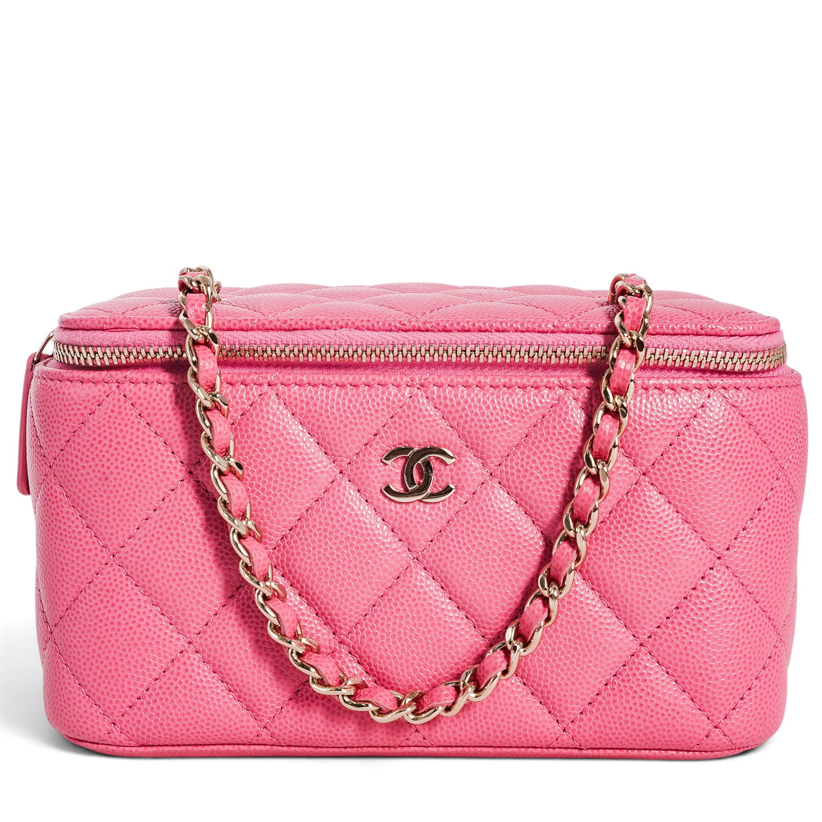 Chanel Small "Vanity Case" with Chain Pink Caviar Leather: Chanel Small "Vanity Case" with Chain Pink Caviar Leather 2020, Italy Chanel Small Vanity Case crafted from soft pink diamond-quilted caviar leather with a leather-interwoven gold-tone chain and wrapa