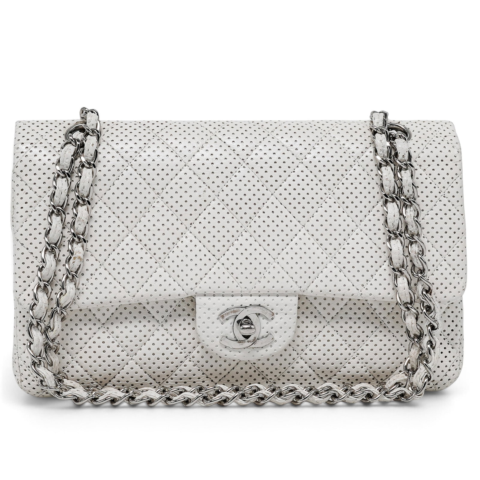 Chanel "Medium Classic Double Flap" White Perforated Lambskin Leather: Chanel "Medium Classic Double Flap" White Perforated Lambskin Leather 2006, France Chanel Medium Classic Double Flap crafted from white perforated lambskin with silver-tone hardware. Features the sign