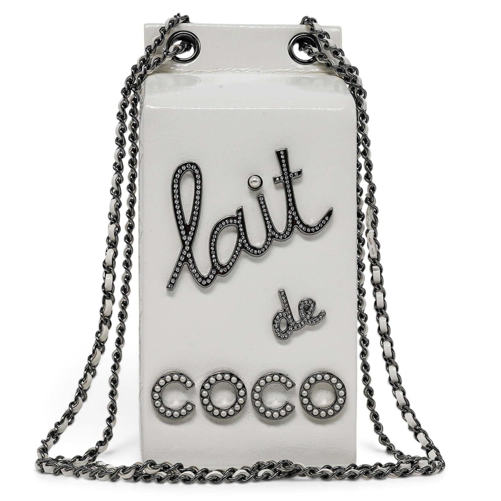 Chanel "Lait De Coco" Milk Carton Minaudière: Chanel "Lait De Coco" Milk Carton Minaudière 2014, Italy Chanel Lait de Coco Milk Carton Minaudière from the Fall/Winter 2014 Supermarket Collection, crafted in metallic/patent leather with quilted 
