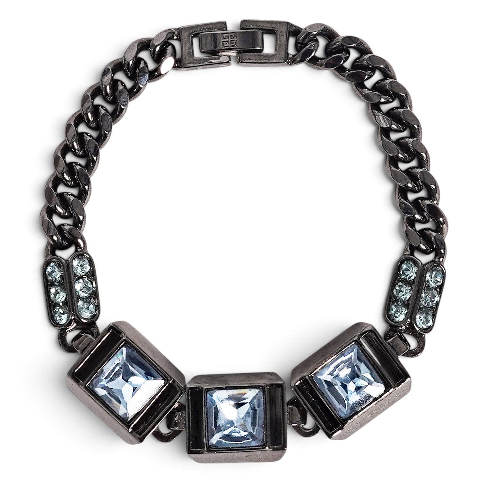 Givenchy Silver-Tone Blue Stone Chain Bracelet: Givenchy Silver-Tone Blue Stone Chain Bracelet 2020's, France Givenchy Silver-Tone Blue Stone Chain Bracelet featuring a chunky silver-tone chain accented with blue stones and a silver-tone curb chain