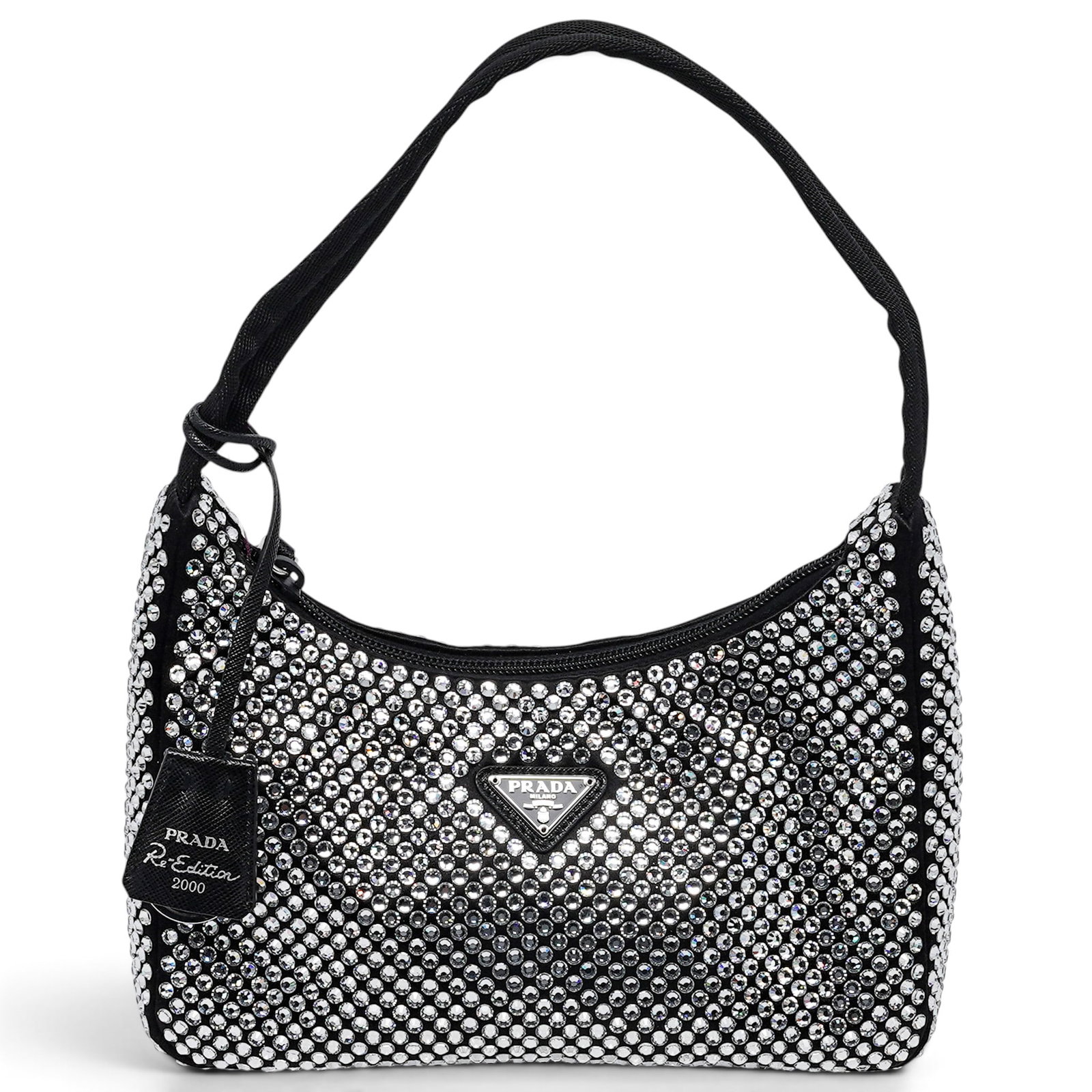 Prada "Re-Edition" Satin Crystal Hobo Bag: Prada "Re-Edition" Satin Crystal Hobo Bag 2020's, Italy Prada Re-Edition 2000 Crystal Studded Satin Hobo Bag crafted from satin with rhinestone studs and the signature enamel triangle logo. Features a