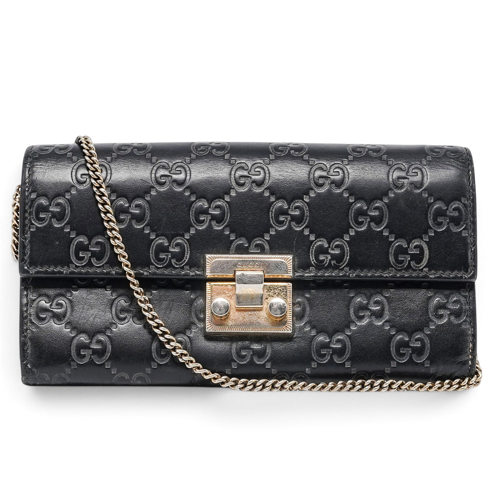 Gucci "Guccisima" Black Monogram Leather Padlock Wallet on Chain: Gucci "Guccisima" Black Monogram Leather Padlock Wallet on Chain 2020's, Italy Gucci Padlock Wallet on Chain crafted from black Guccissima leather with the signature monogram pattern. Features a gold 