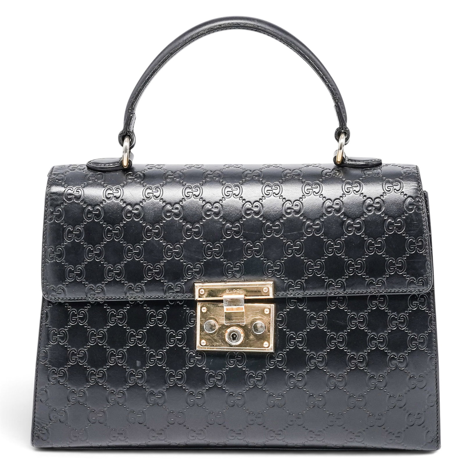 Gucci "Guccisima" Black Monogram Leather Padlock Top Handle Bag: Gucci "Guccisima" Black Monogram Leather Padlock Top Handle Bag 2020's, Italy Gucci Padlock Top Handle Bag crafted from black Guccissima leather with the signature monogram pattern. Features the iconi
