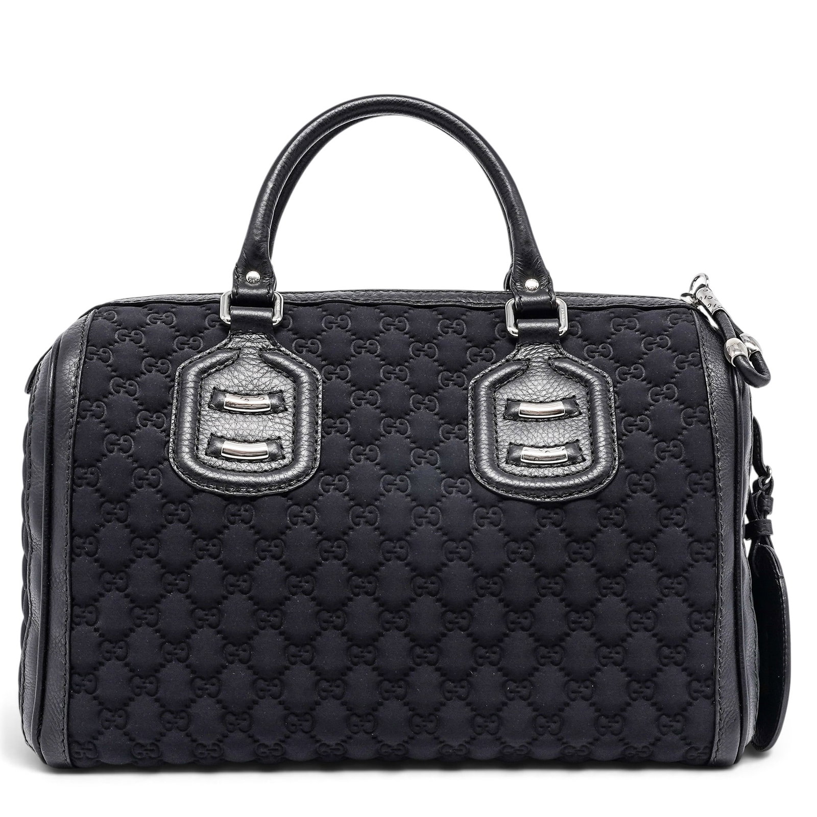 Gucci Black Neoprene Guccisima Monogram Boston Bag: Gucci Black Neoprene Guccisima Monogram Boston Bag 2010, Italy Gucci Guccissima Neoprene Boston Bag crafted from black neoprene with signature GG monogram, leather trim, and silver-tone hardware. Feat